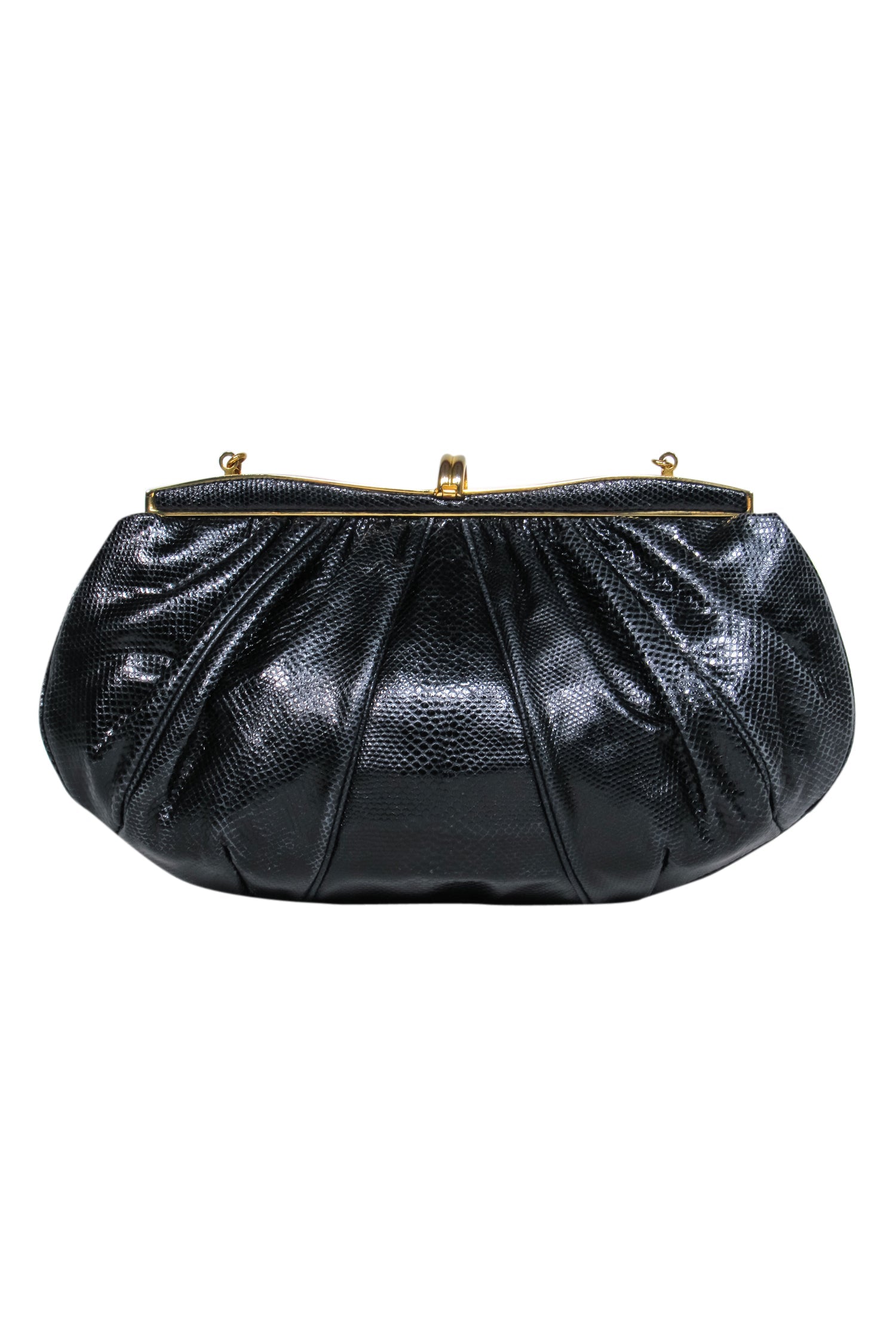 Judith Leiber - Exquisite Black Snakeskin Clutch with Purple & Green Gem Clasp