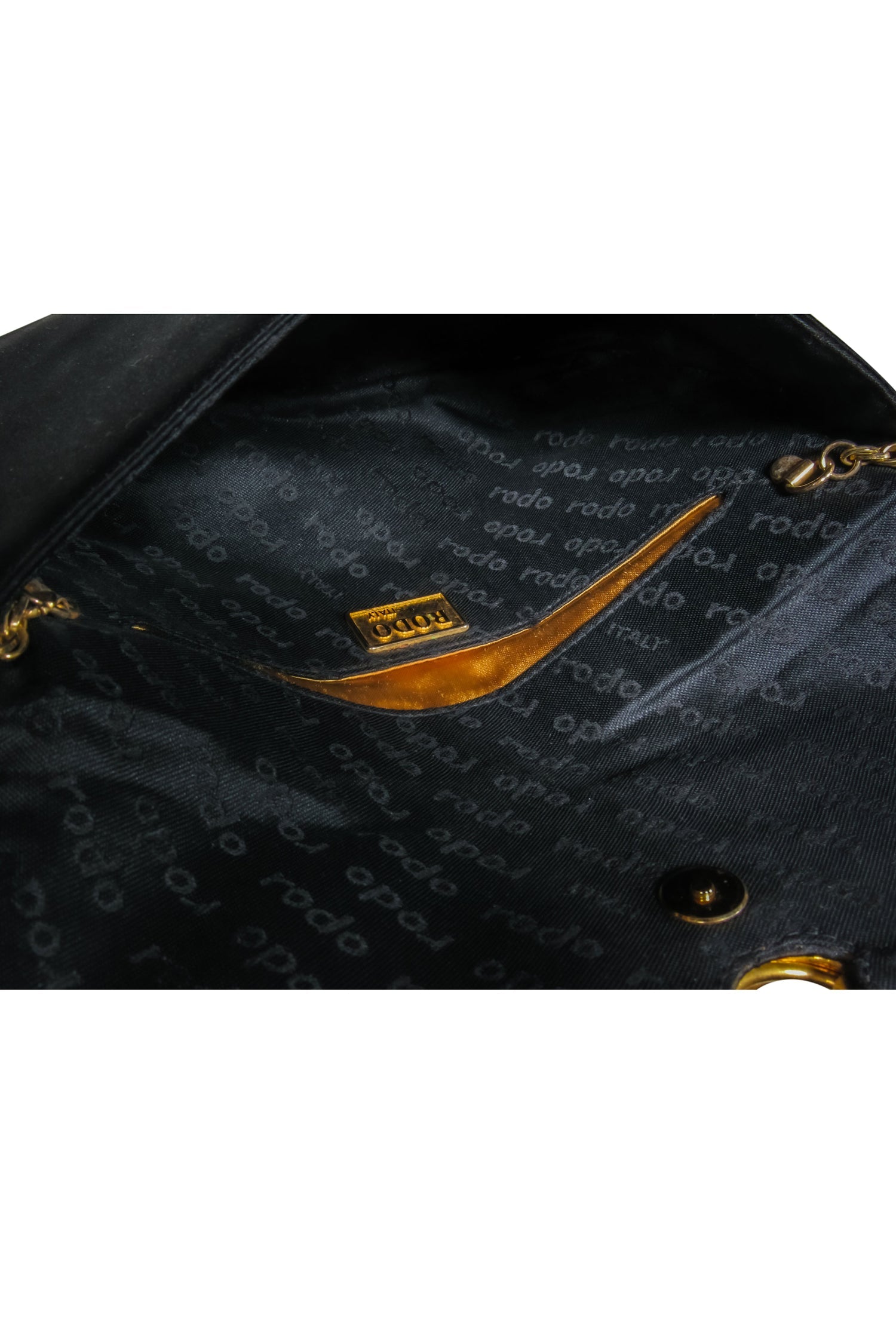 Rodo Black Satin Clutch: The Glamorous Party Essential with Gold Chain & Brooch
