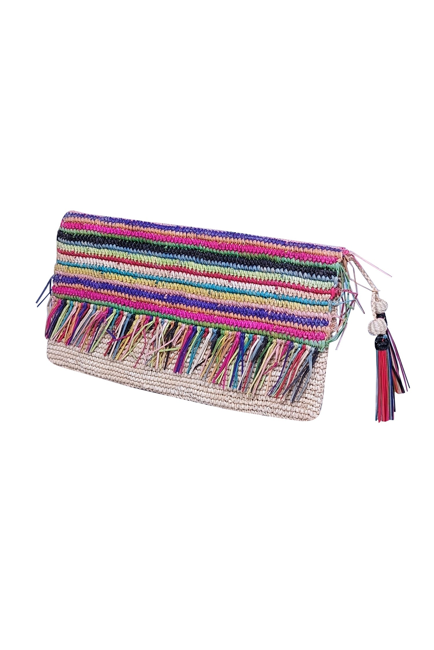 Sensi Studio - Charming Beige & Multi - Color Raffia Clutch