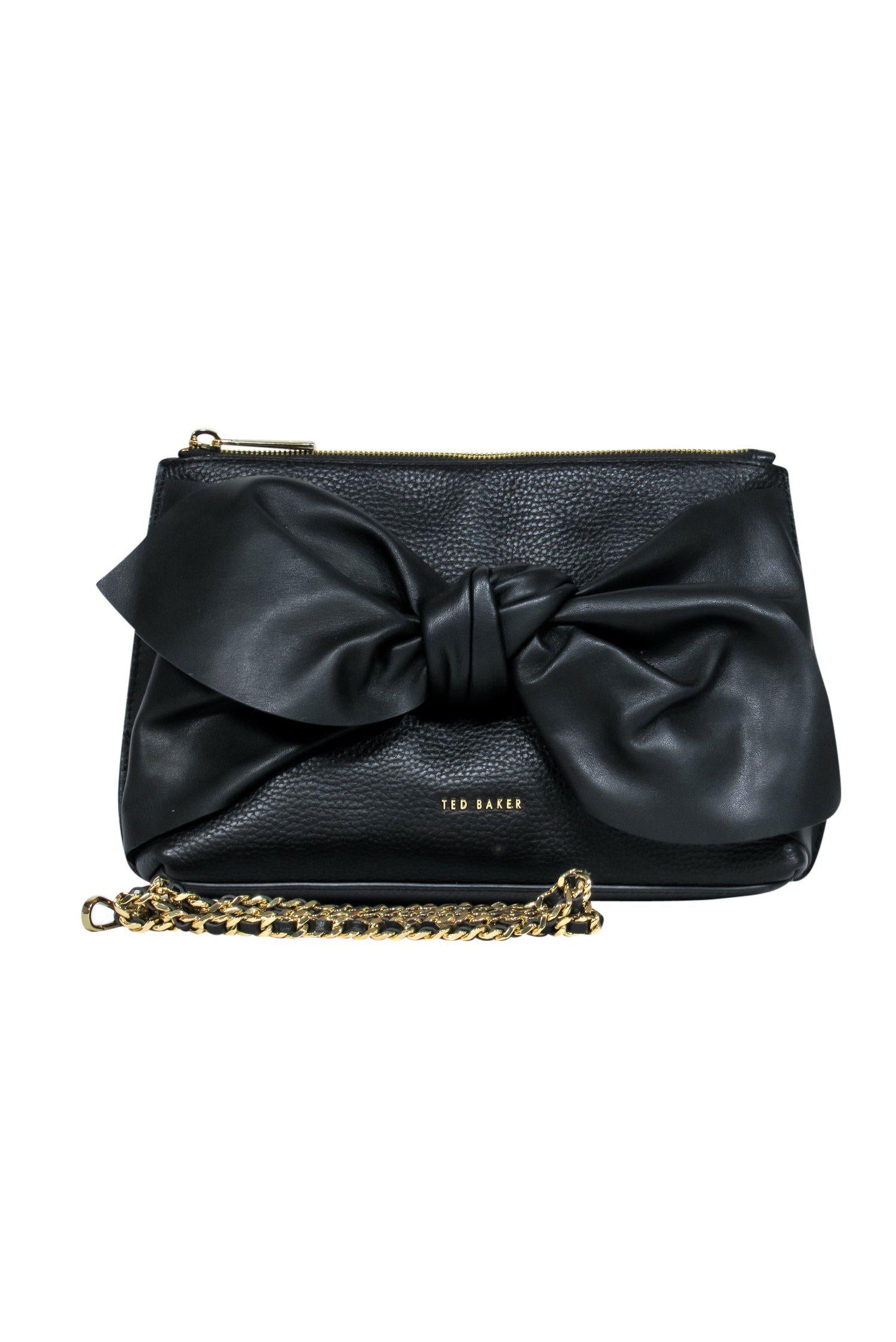 Ted Baker Darrina - Black Pebbled Leather Chain Crossbody Bag with Bow