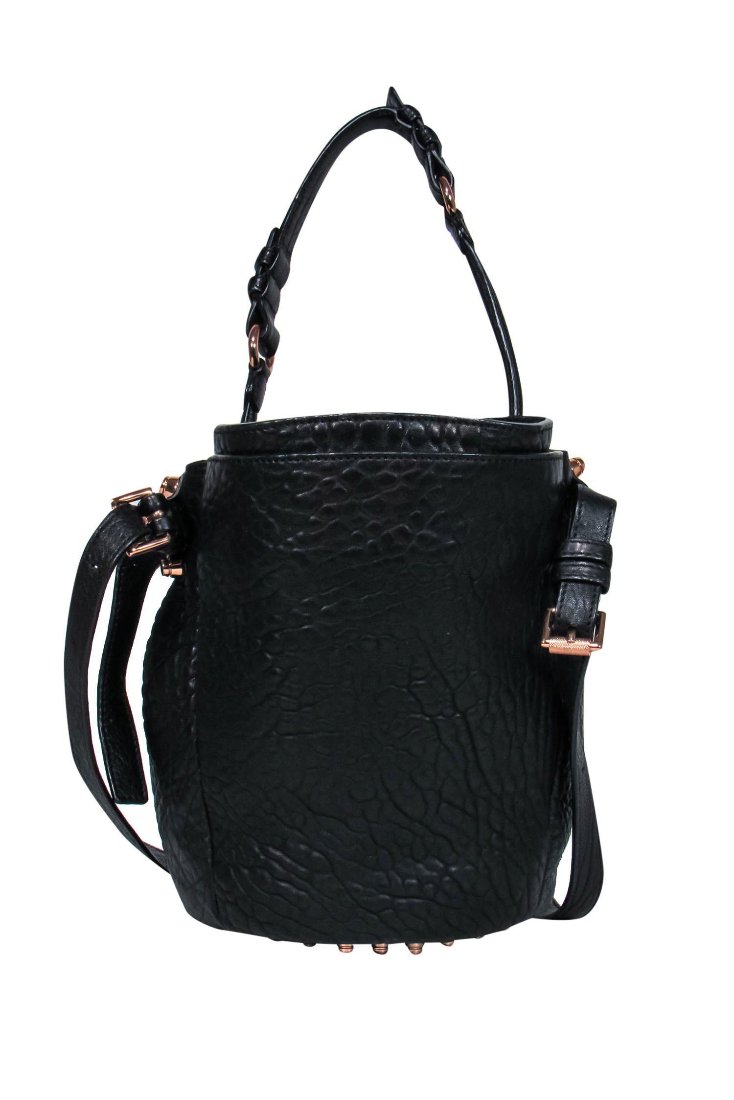Alexander Wang's Stunning 'Diego' Black Textured Leather Bucket Bag with Rose Gold Studs