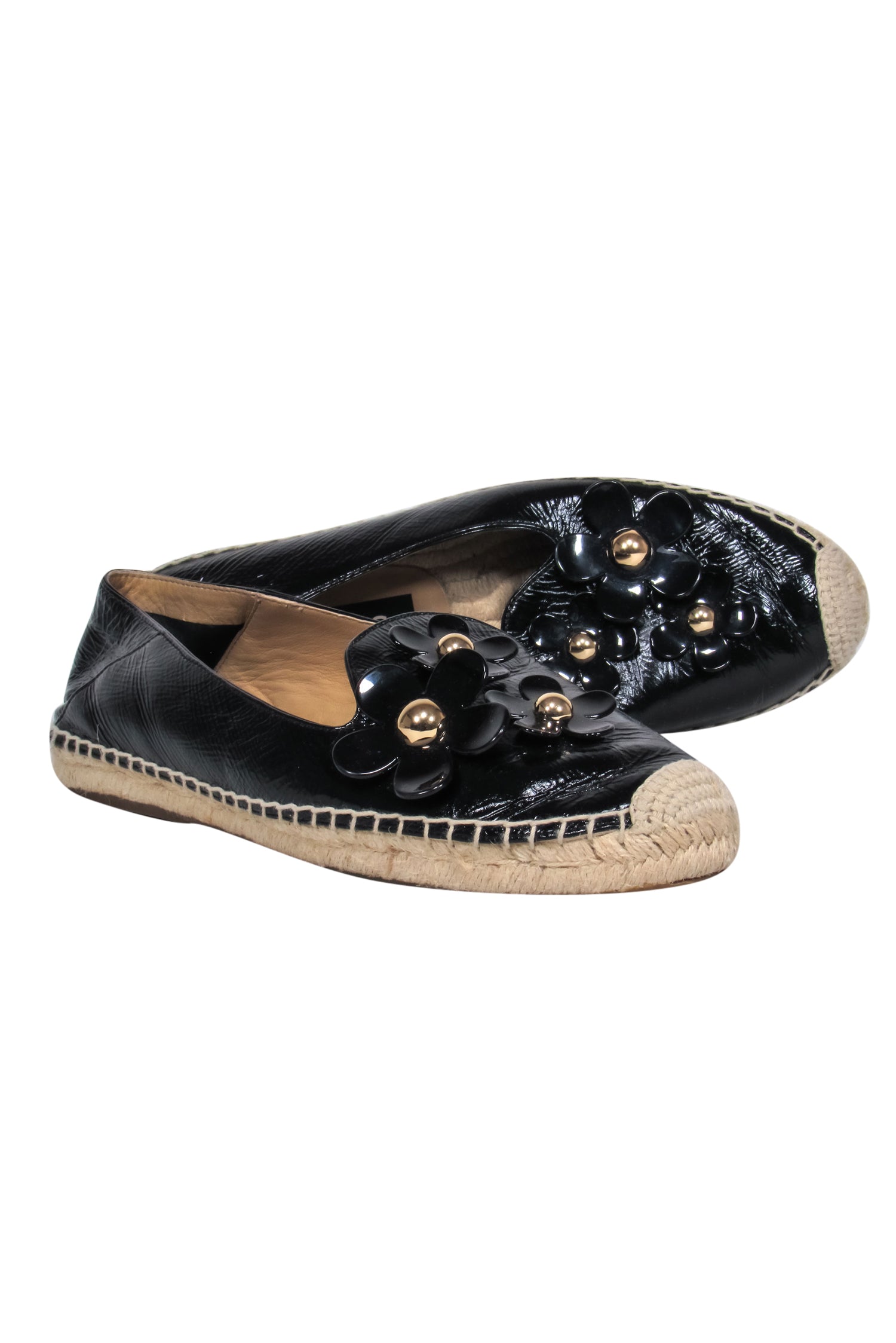 Marc Jacobs' Stunning Black Patent Leather Espadrille Flats with Flowers - Size 11