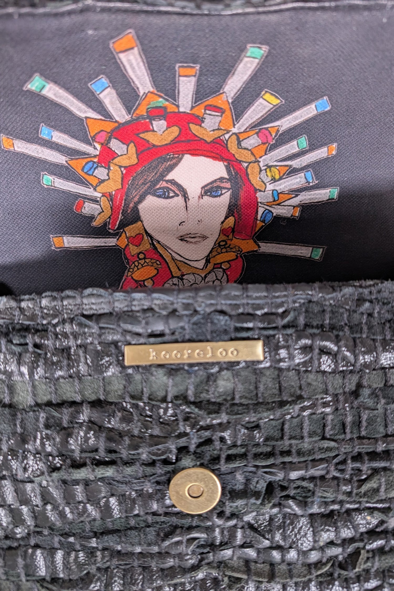 Koorreloo - The New Yorker Soho Flap Bag: Black Leather & Suede Woven
