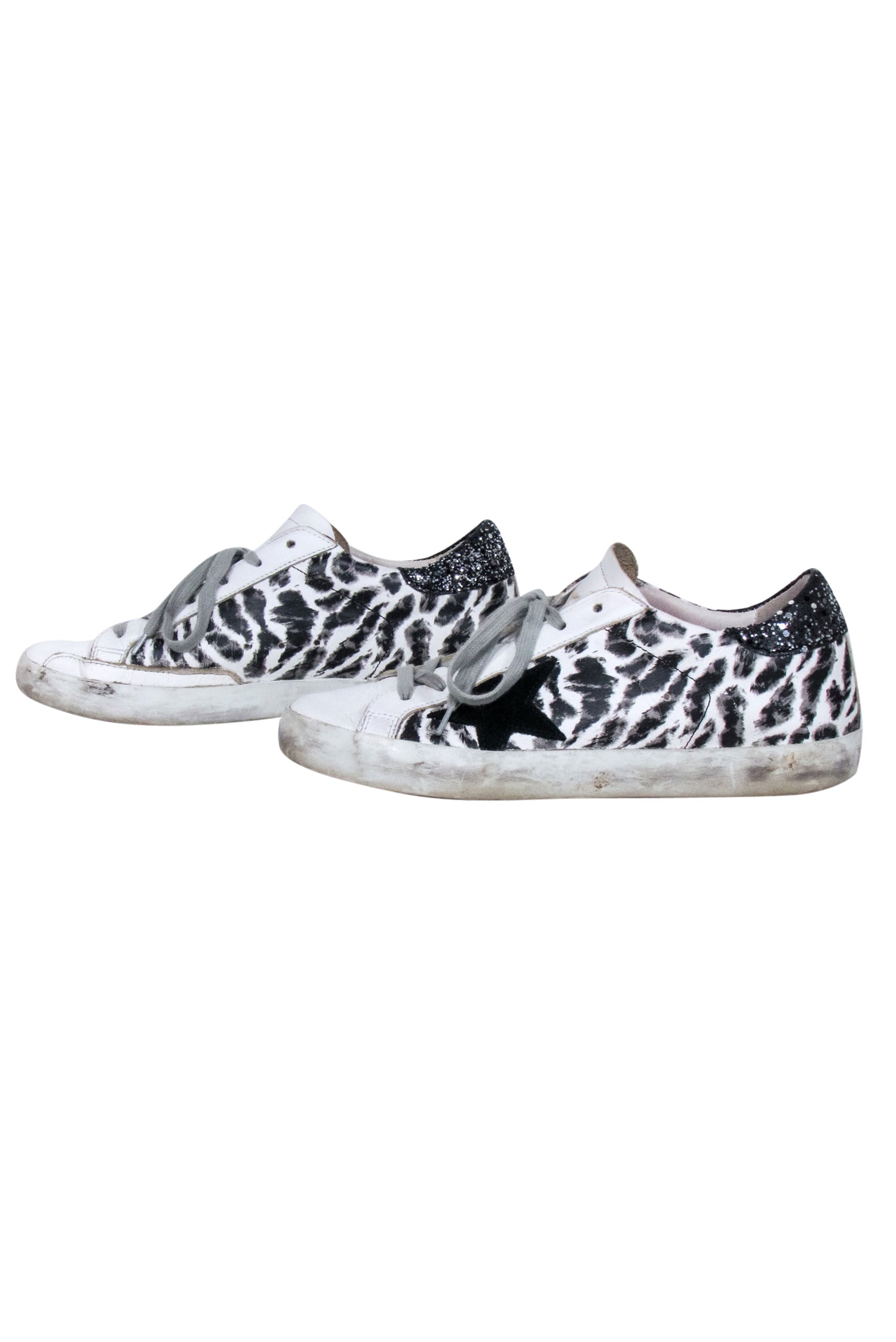 Golden Goose White Leather Sneakers with Leopard Print and Glitter Back - Size 8