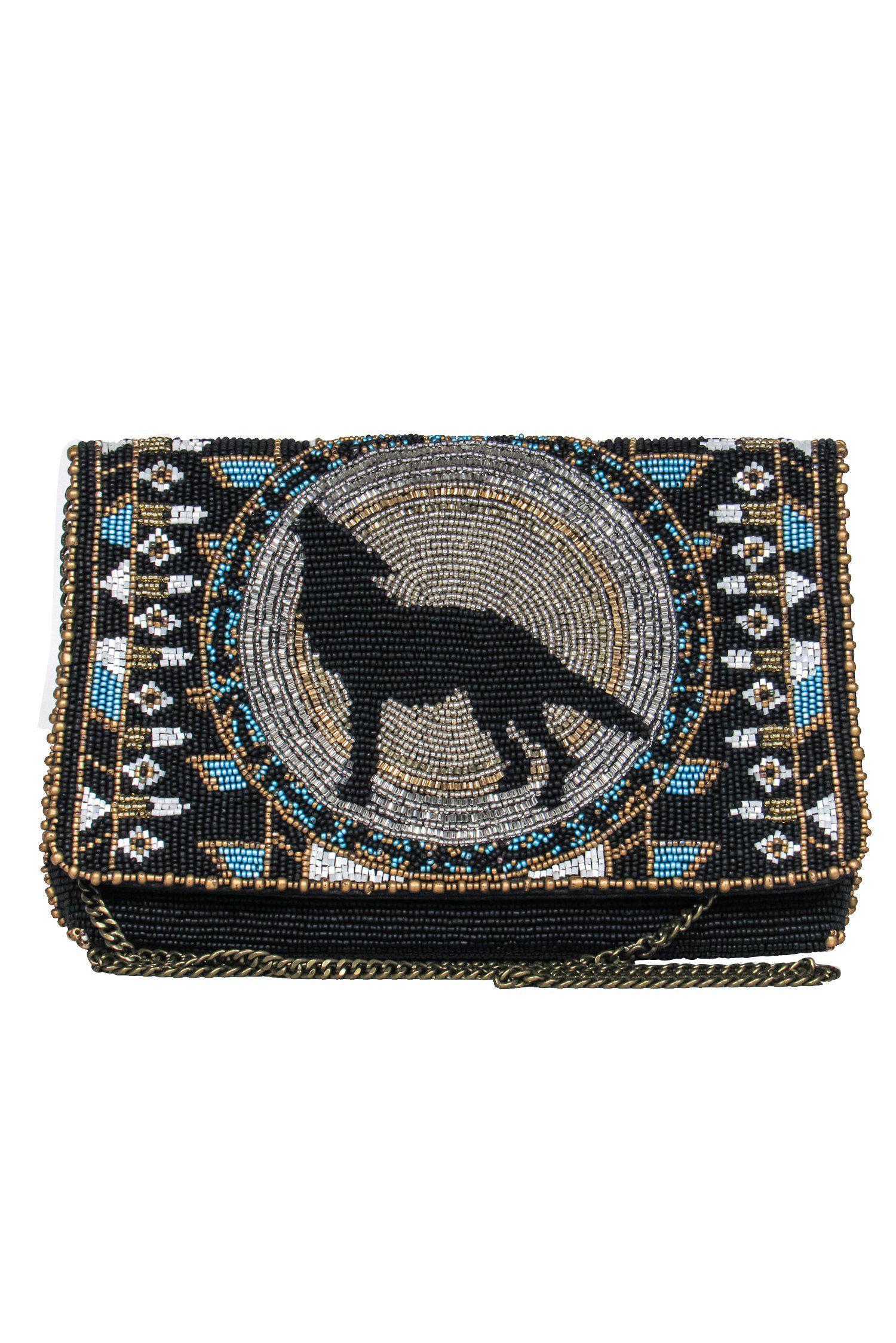 Mary Frances - Enchanting Black Beaded Wolf Print Crossbody Bag