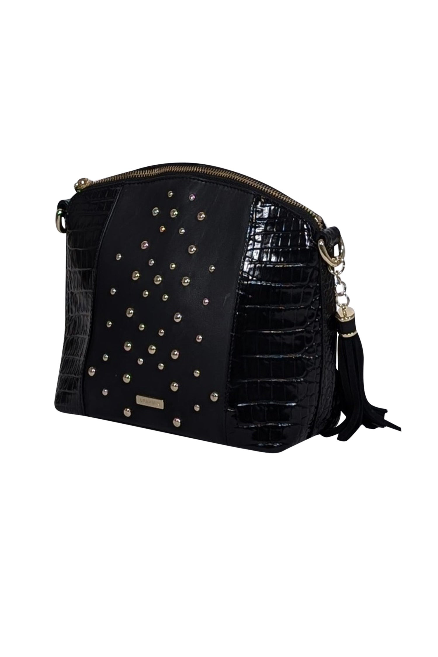 Brahmin's Black Croc-Embossed Shoulder Bag with Gold Studded Front
