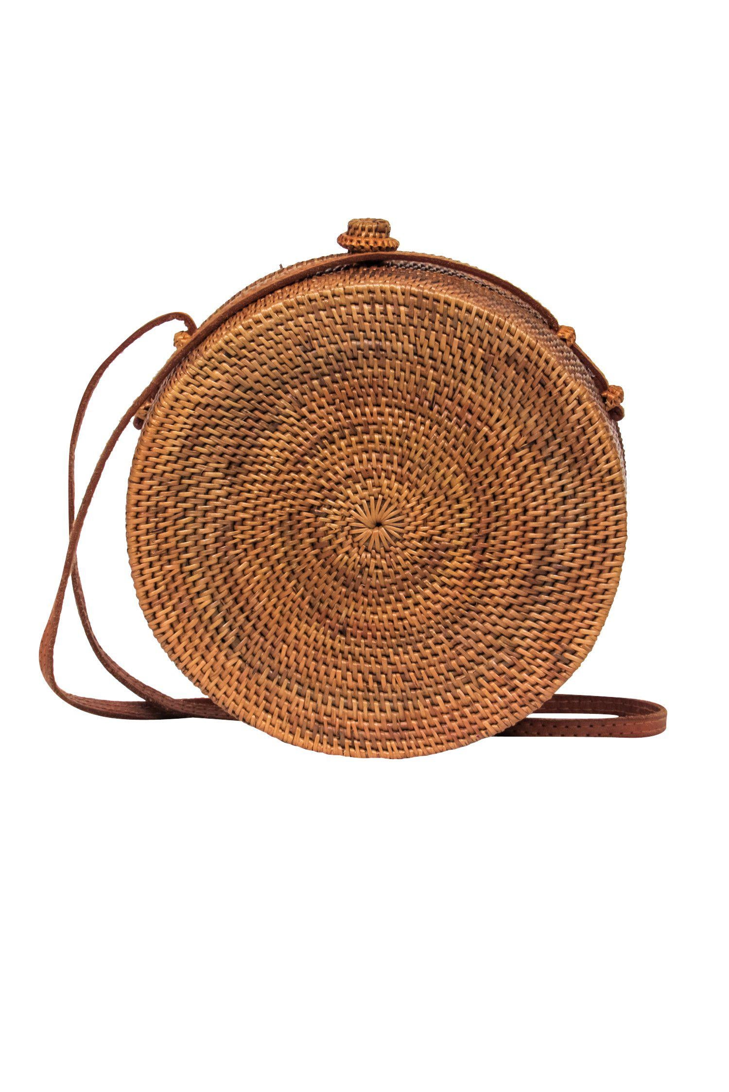 Bembien - Trendy Tan Wicker Circle Rose Crossbody Bag for Summer