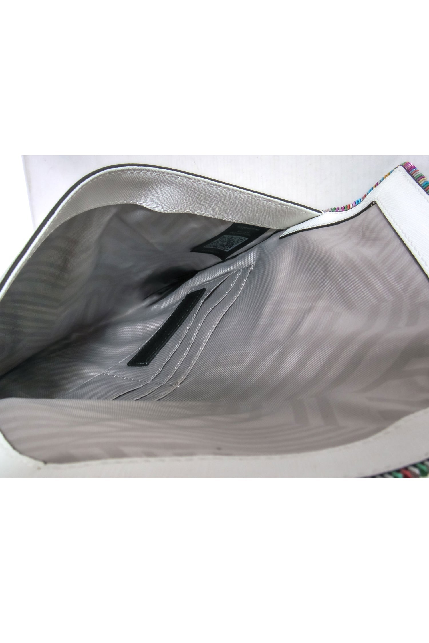Rebecca Minkoff's Stunning White Textured Leather Leo Envelope Clutch with Rainbow Zipper Trim