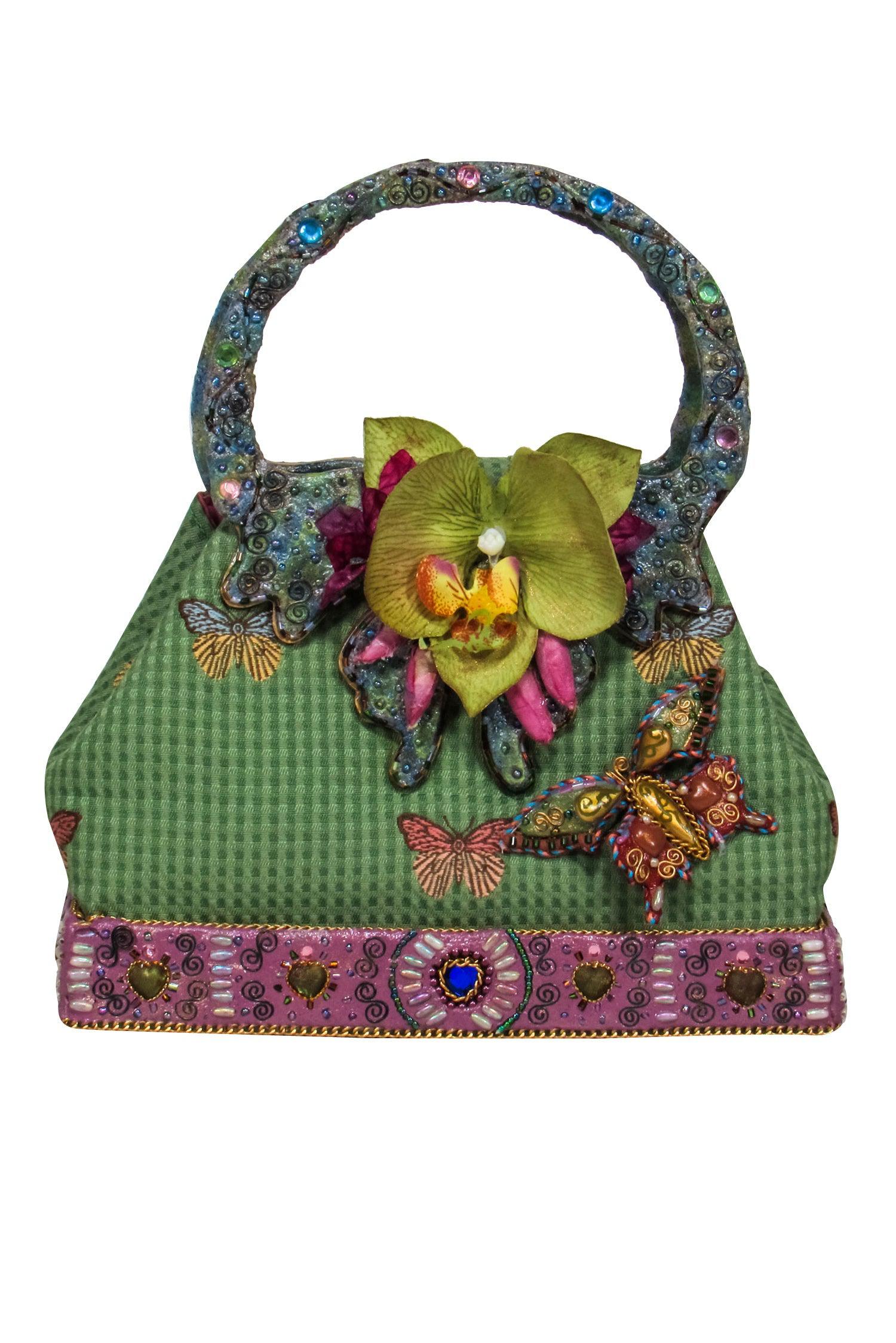 Mary Frances - Enchanting Green Mini Bag with Jewel & Floral Embellishments