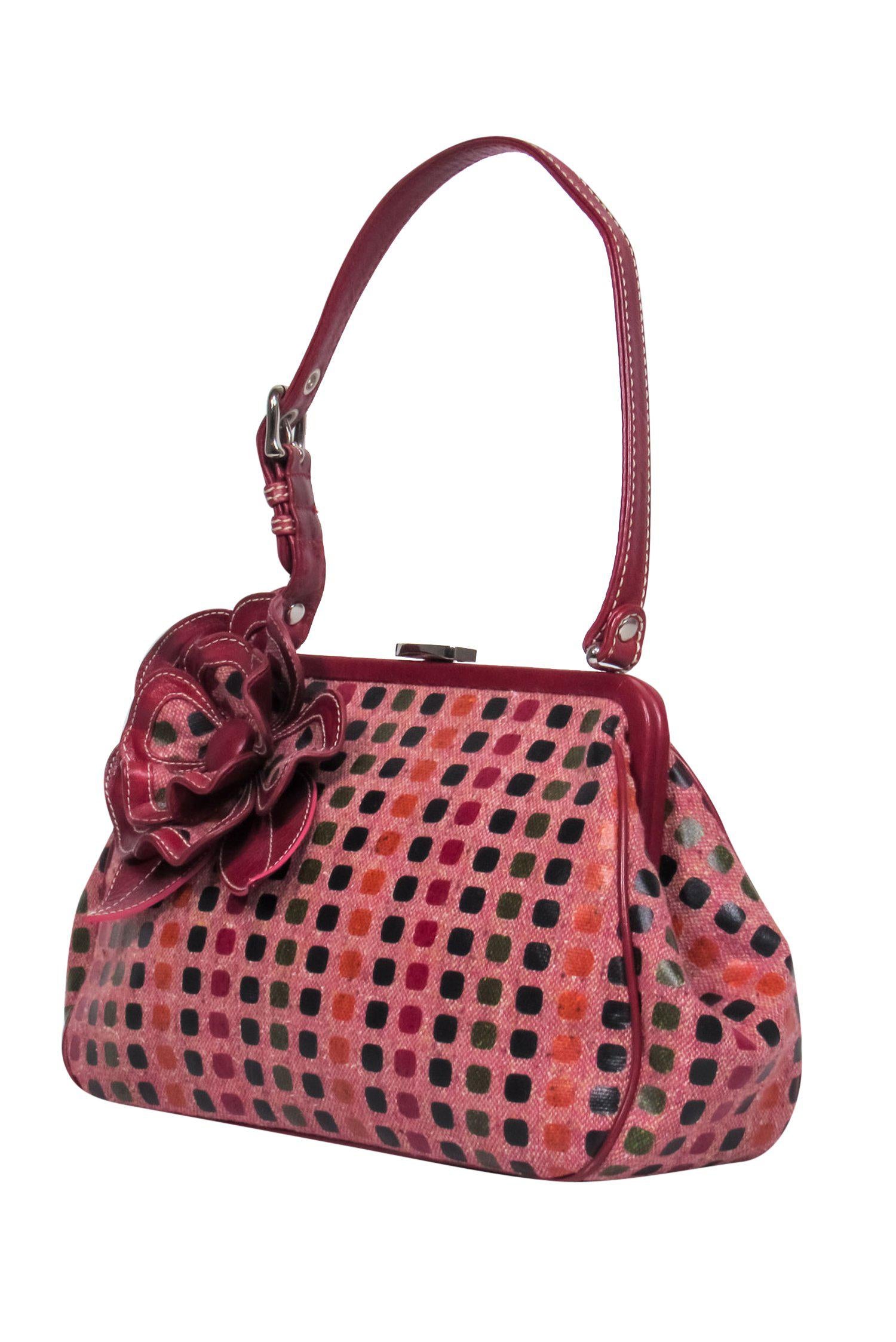 Isabella Fiore - Stunning Red Patterned Clasp Handbag with Flower Pin