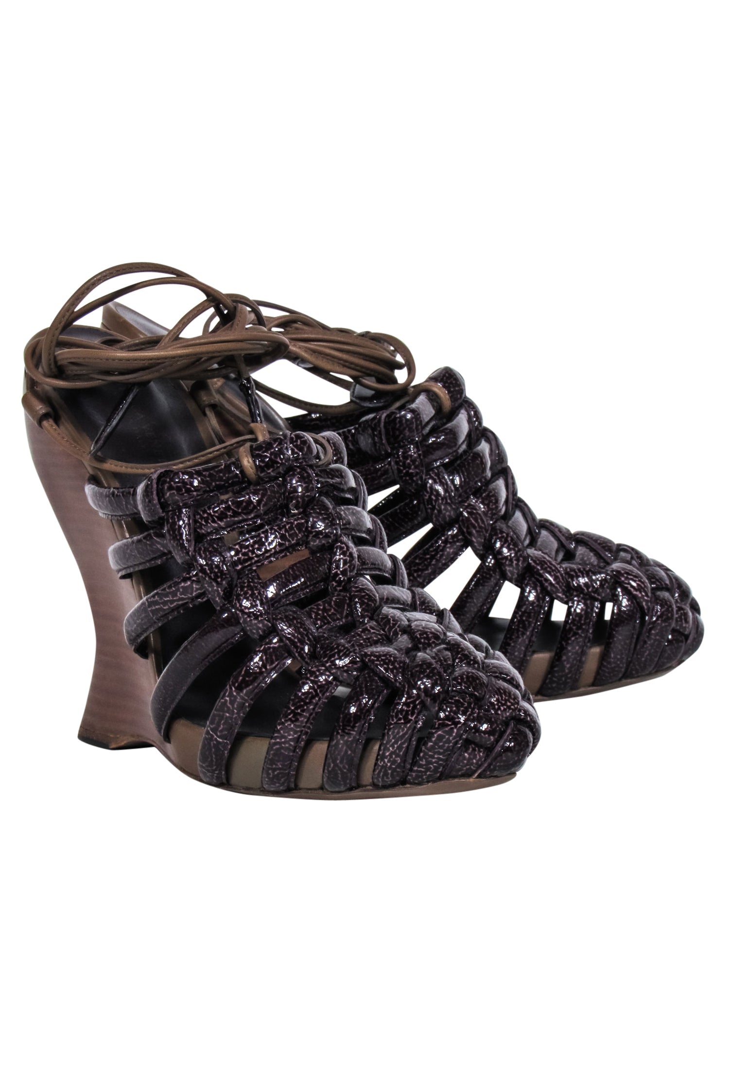Bottega Veneta - Stunning Brown Patent Leather Wrap - Ankle Wedges, Size 8