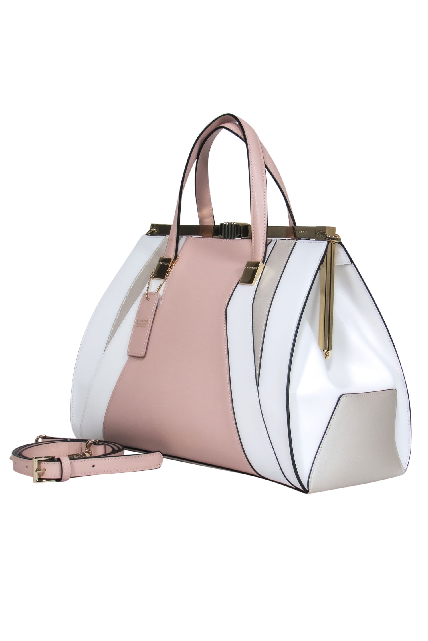Cromia - Stunning Pink, White & Taupe Convertible Satchel with Snap Clasp