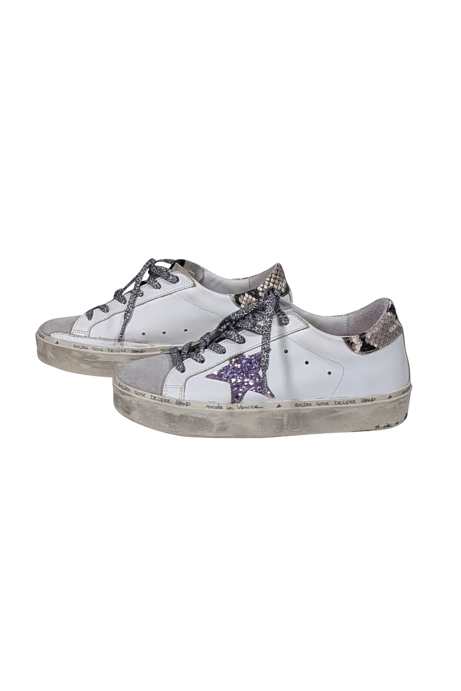Golden Goose White Hi - Star Sneakers with Purple Glitter Star - Size 8