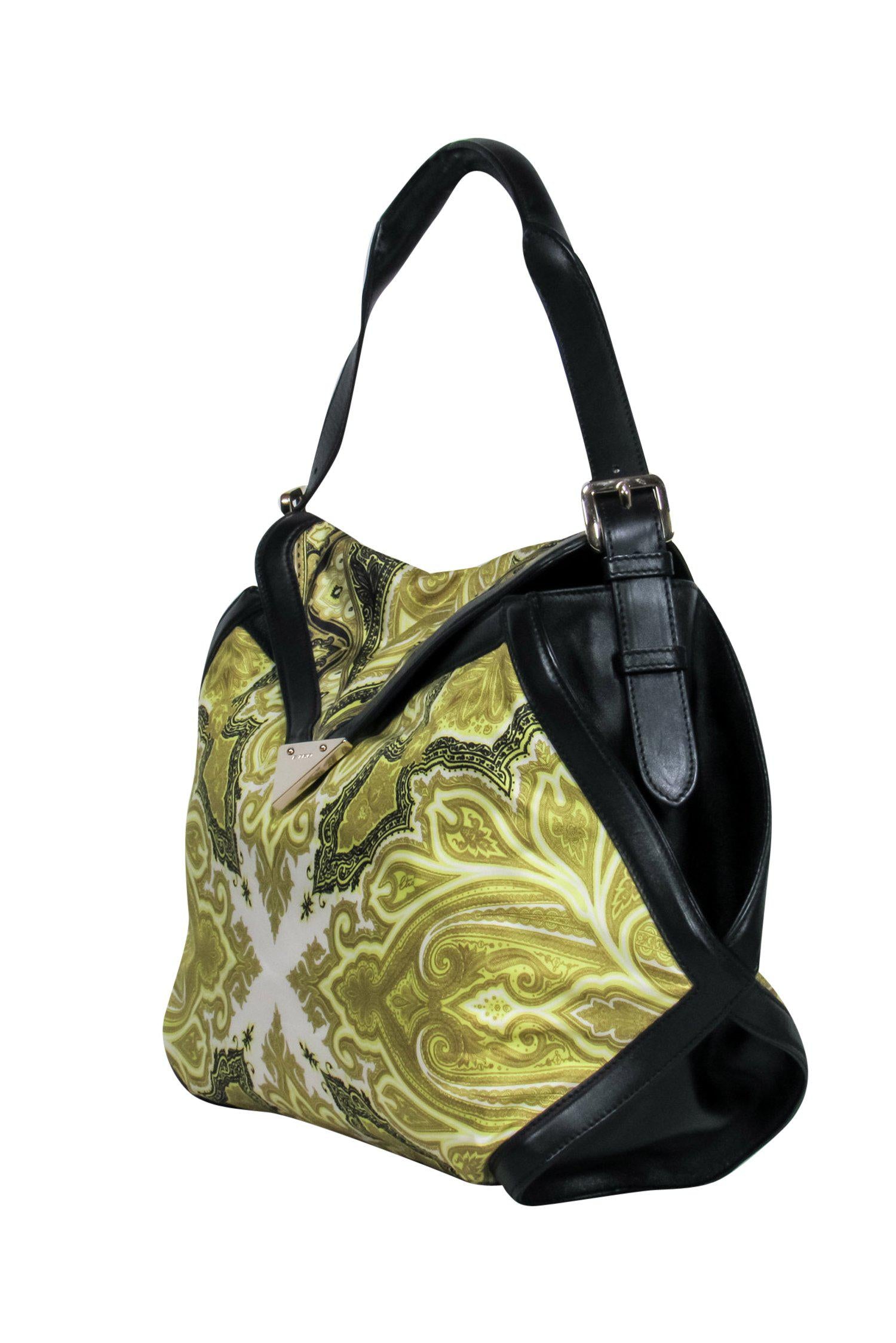 Etro - Stunning Lime Green & Black Damask Printed Satin Leather Bag