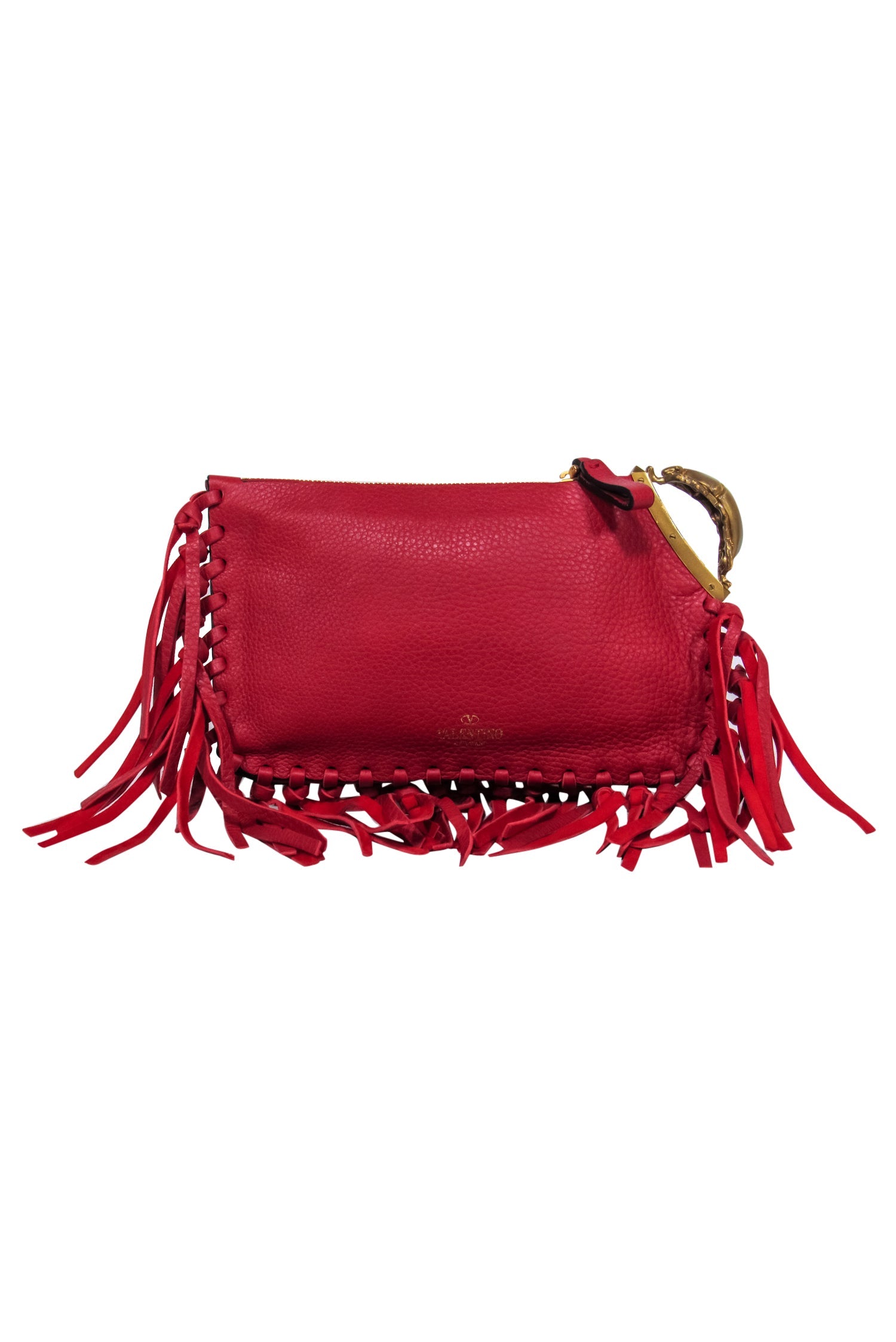 Valentino's Stunning Red Textured Leather Fringed Clutch with Beetle Handle