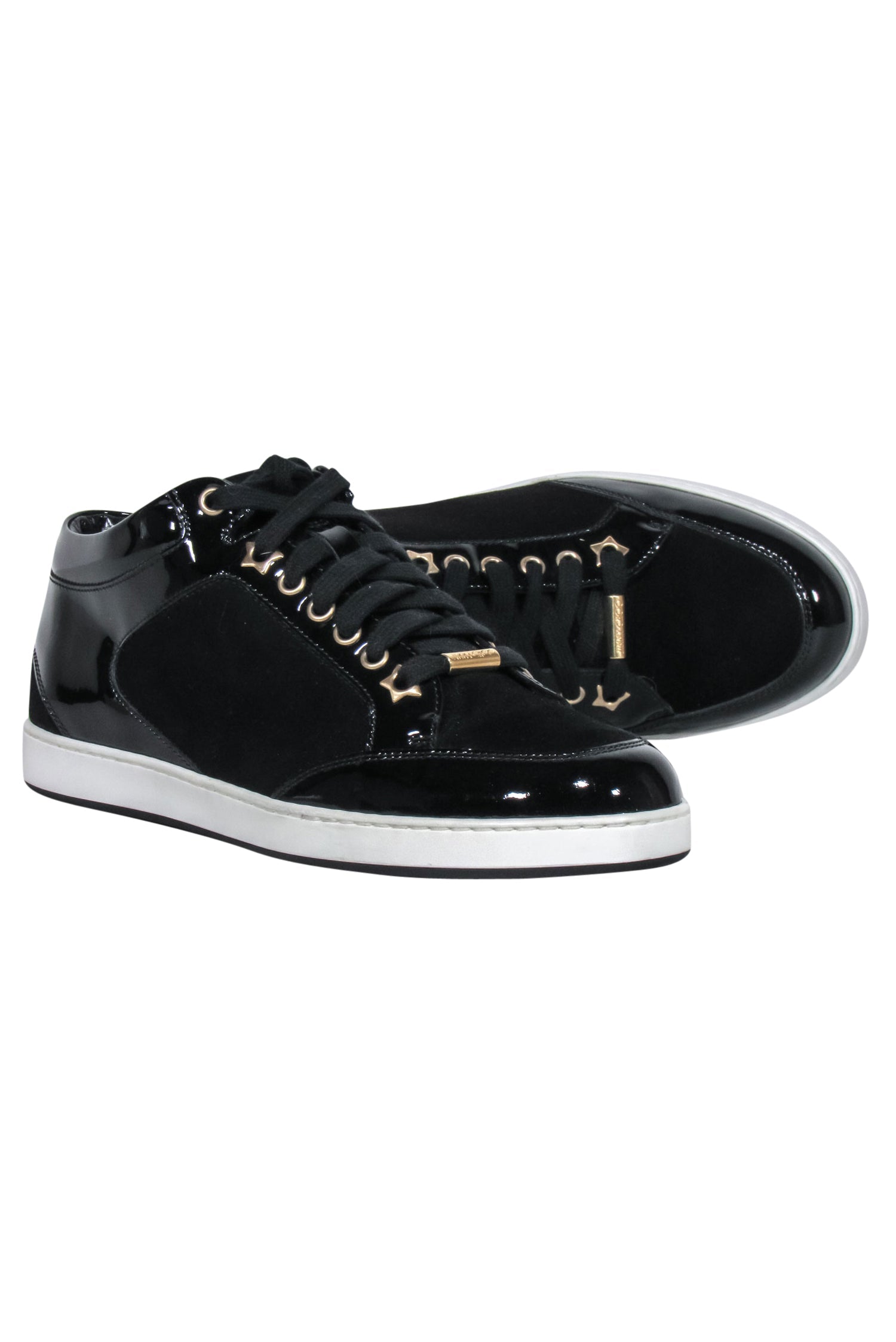 Jimmy Choo - Stunning Black Suede Sneakers with Patent Trim, Size 7.5