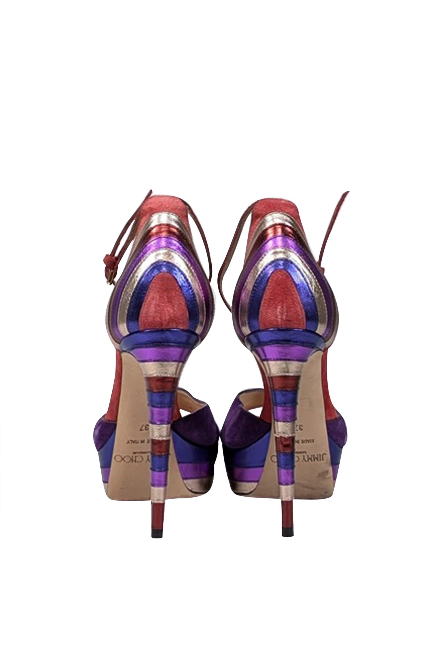 Jimmy Choo Multi - Color Open Toe Pumps in Coral Pink, Purple & Metallic - Size 7