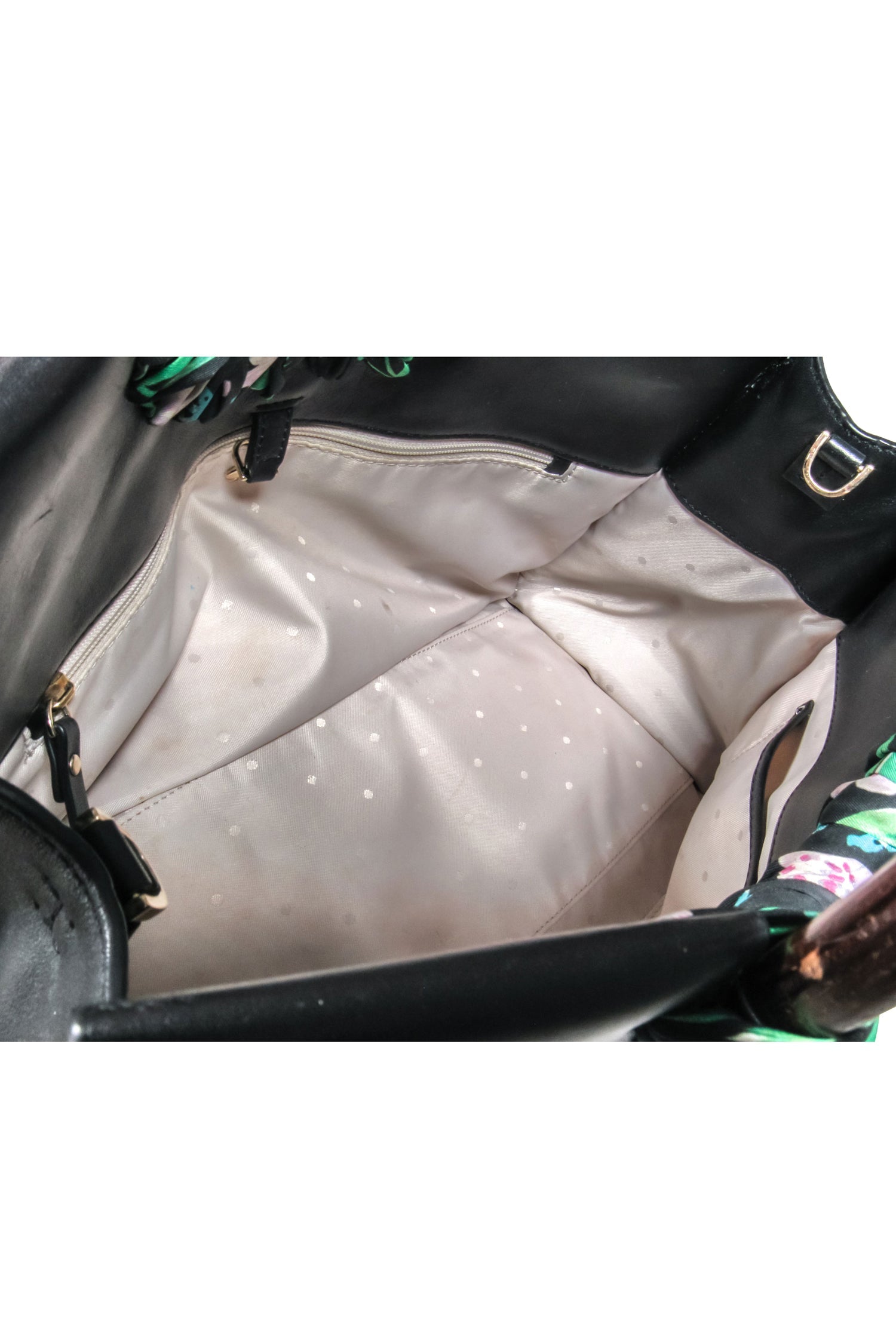 Kate Spade Black Leather Shoulder Bag with Elegant Wood Circle Handles and Charming Floral Detail
