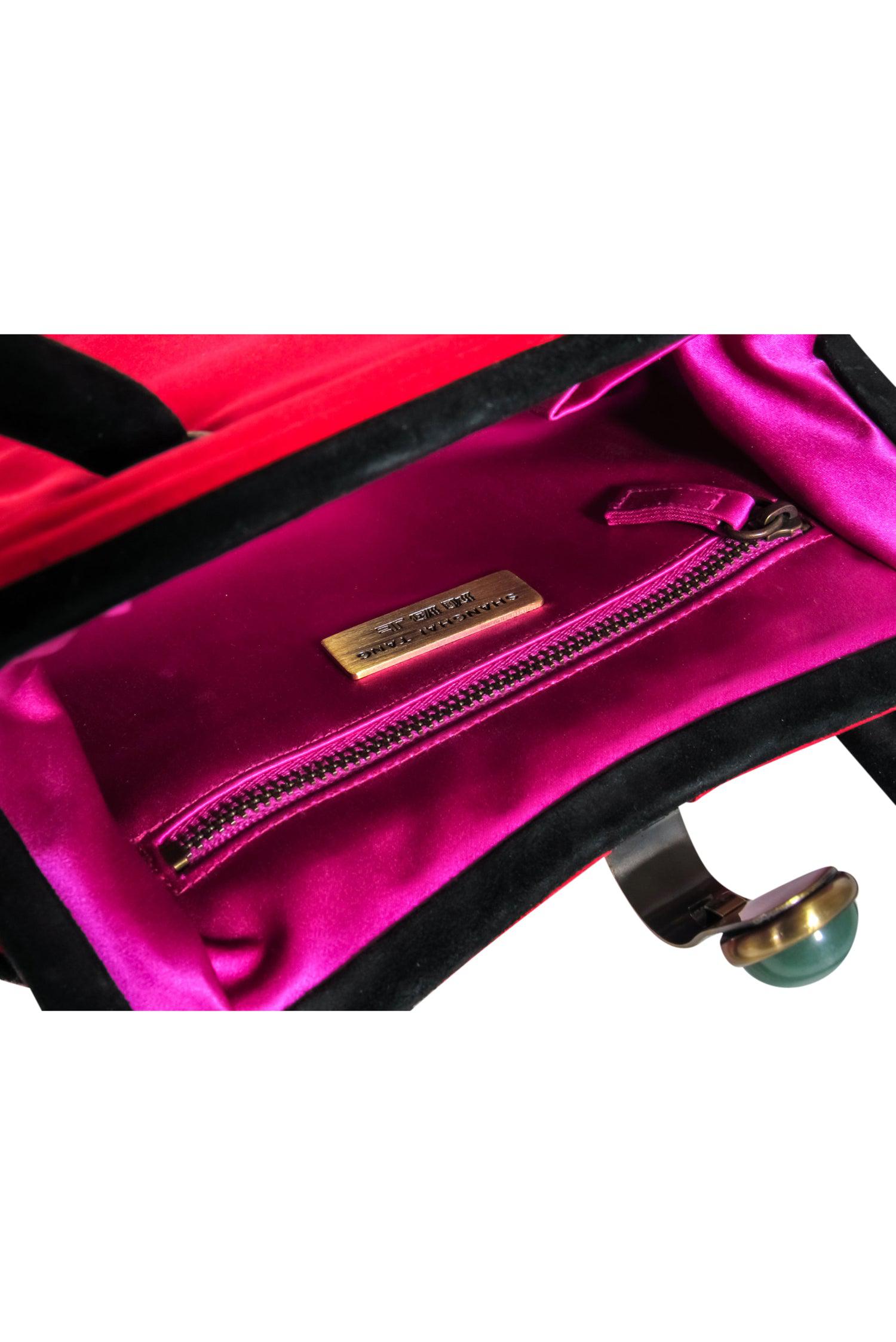 Shanghai Tang - Exquisite Red Satin Mini Handbag with Black Suede Trim