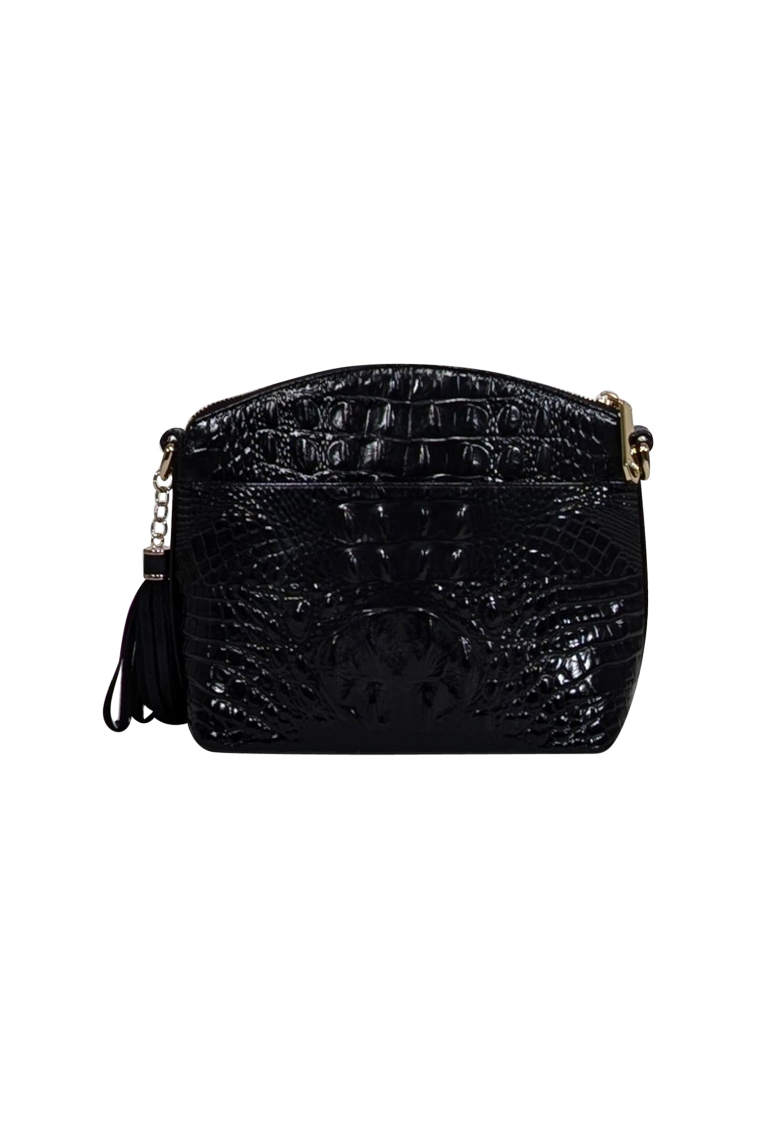 Brahmin's Black Croc-Embossed Shoulder Bag with Gold Studded Front