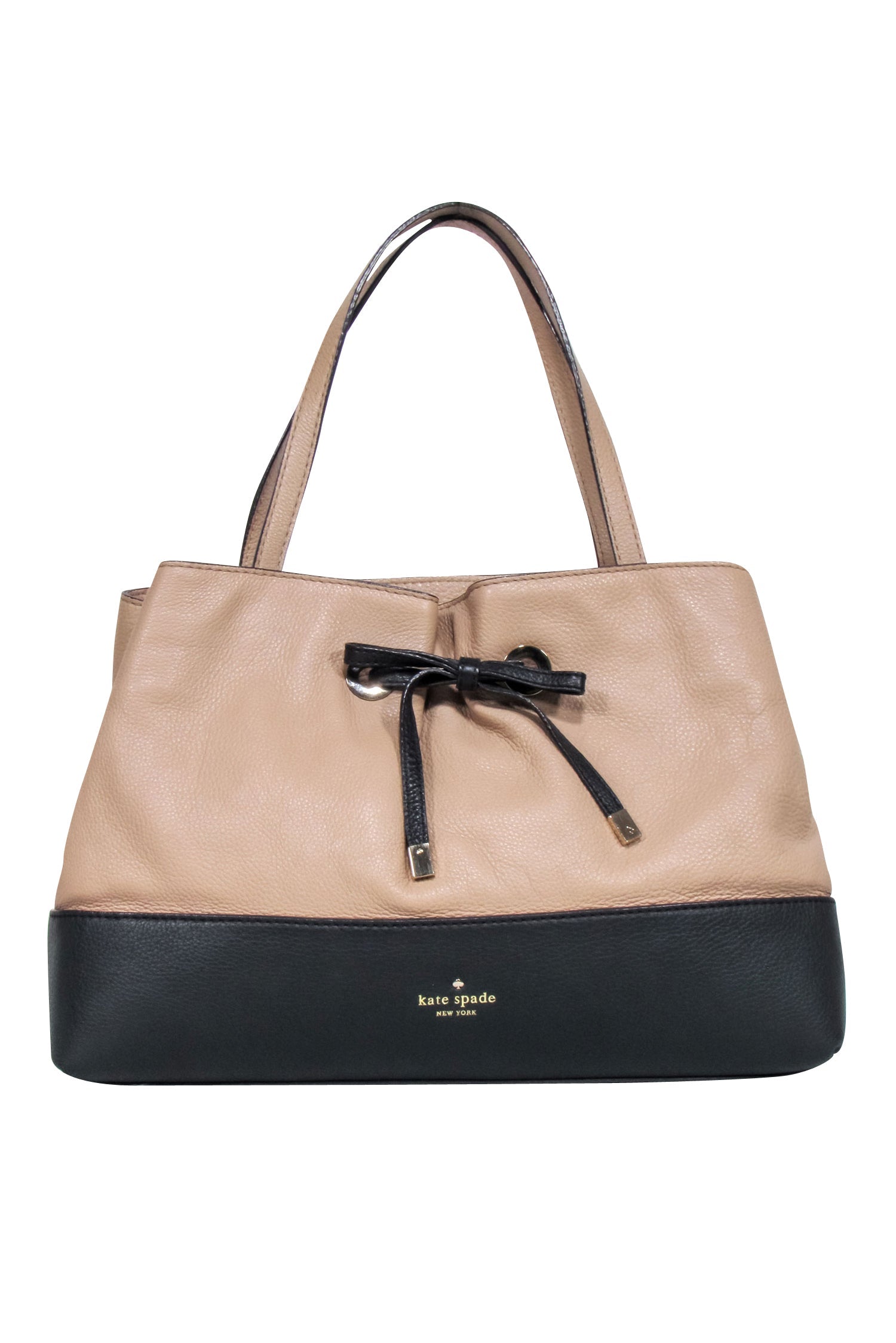 Kate Spade - Elegant Beige & Black Leather Handbag with Charming Bow Accent
