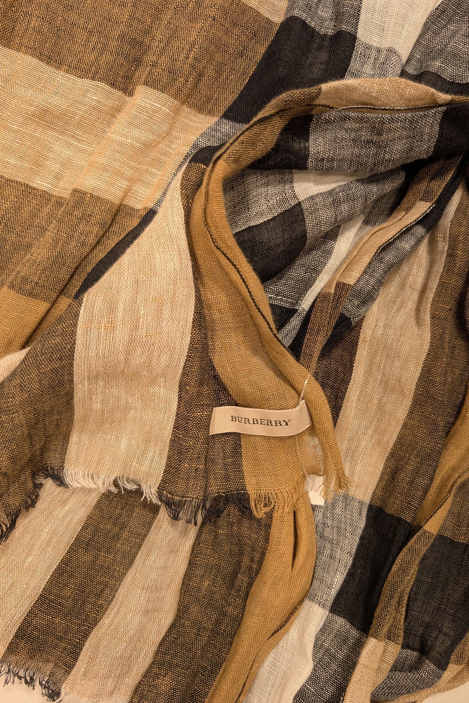 Burberry - Timeless Tan, Red, White & Black Plaid Linen Scarf