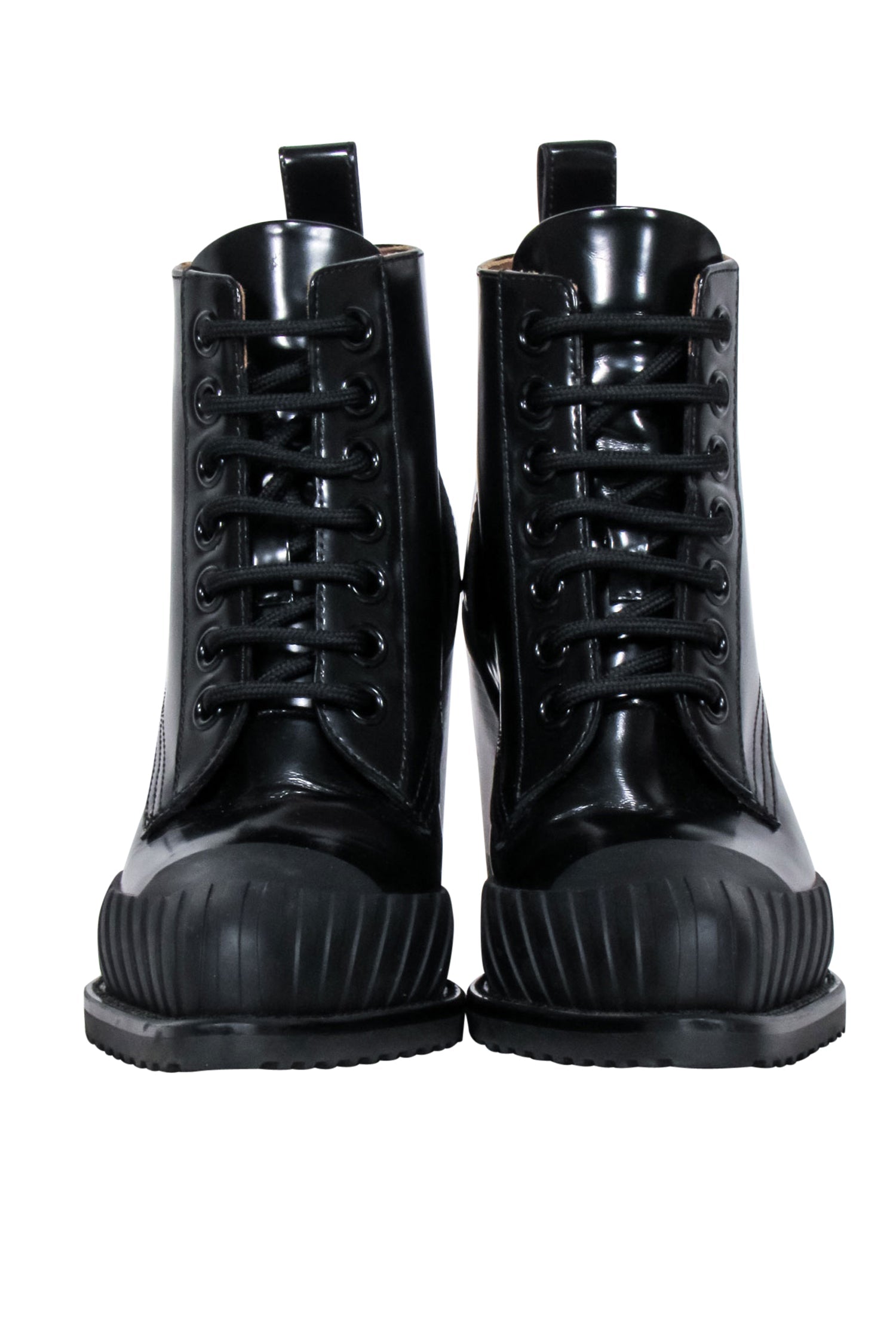 Chloe - Stunning Black & Tan Patent Leather Lace - Up Short Boots, Size 8