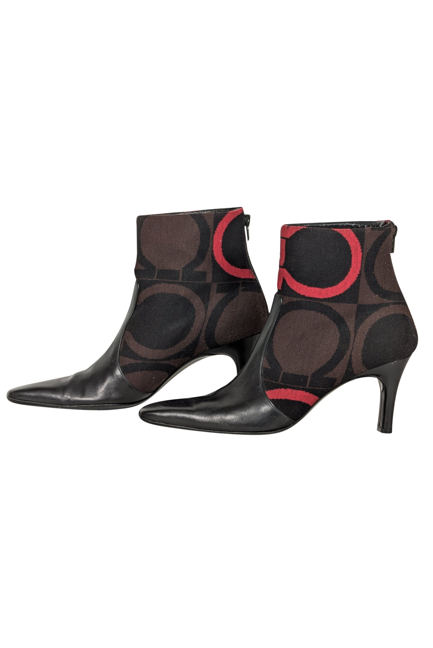 Ferragamo Stylish Black Leather Short Boots with Brown & Red Print - Size 9