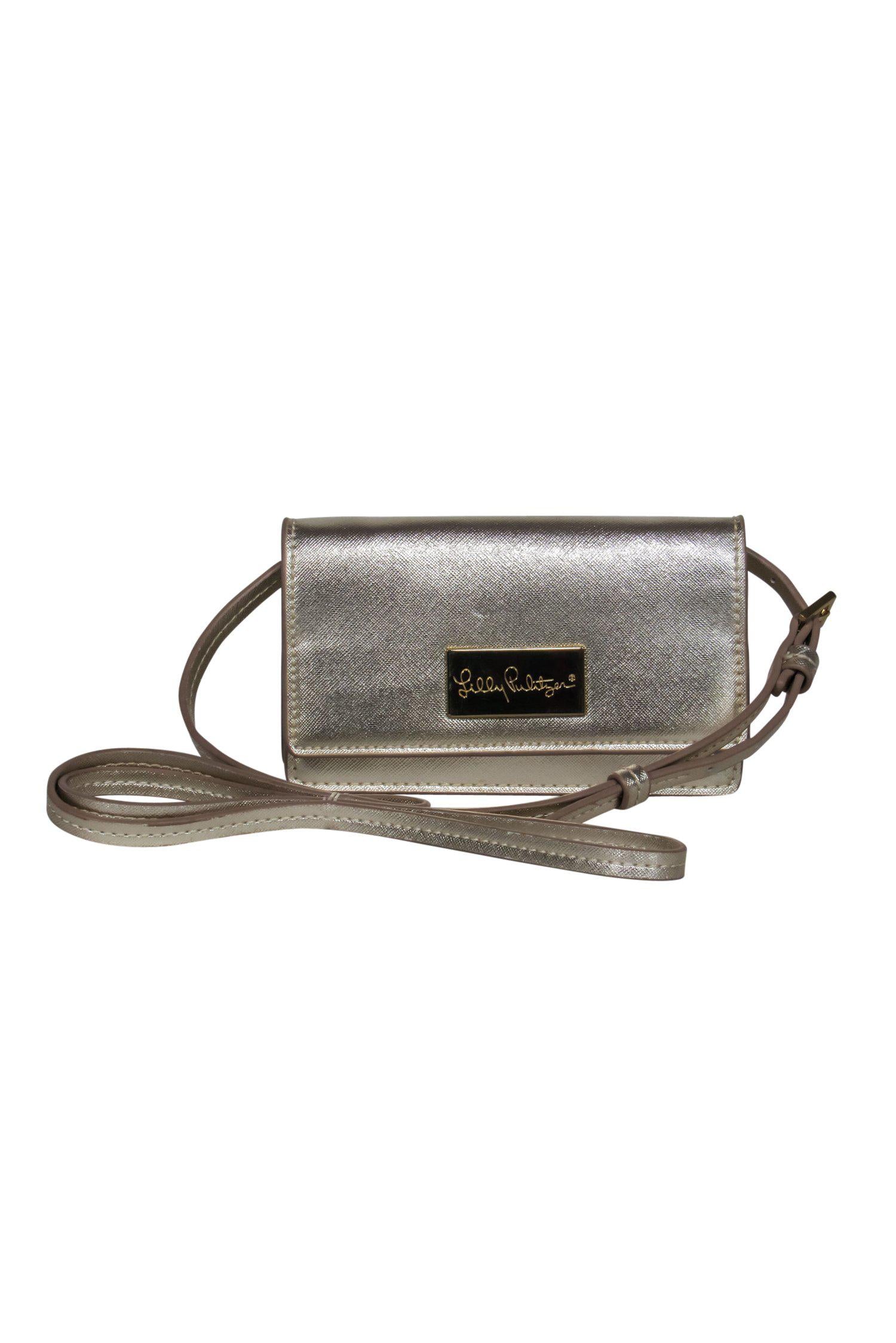 Lilly Pulitzer's Gorgeous Gold Textured Leather Mini Flap Crossbody - Grab Yours Now!