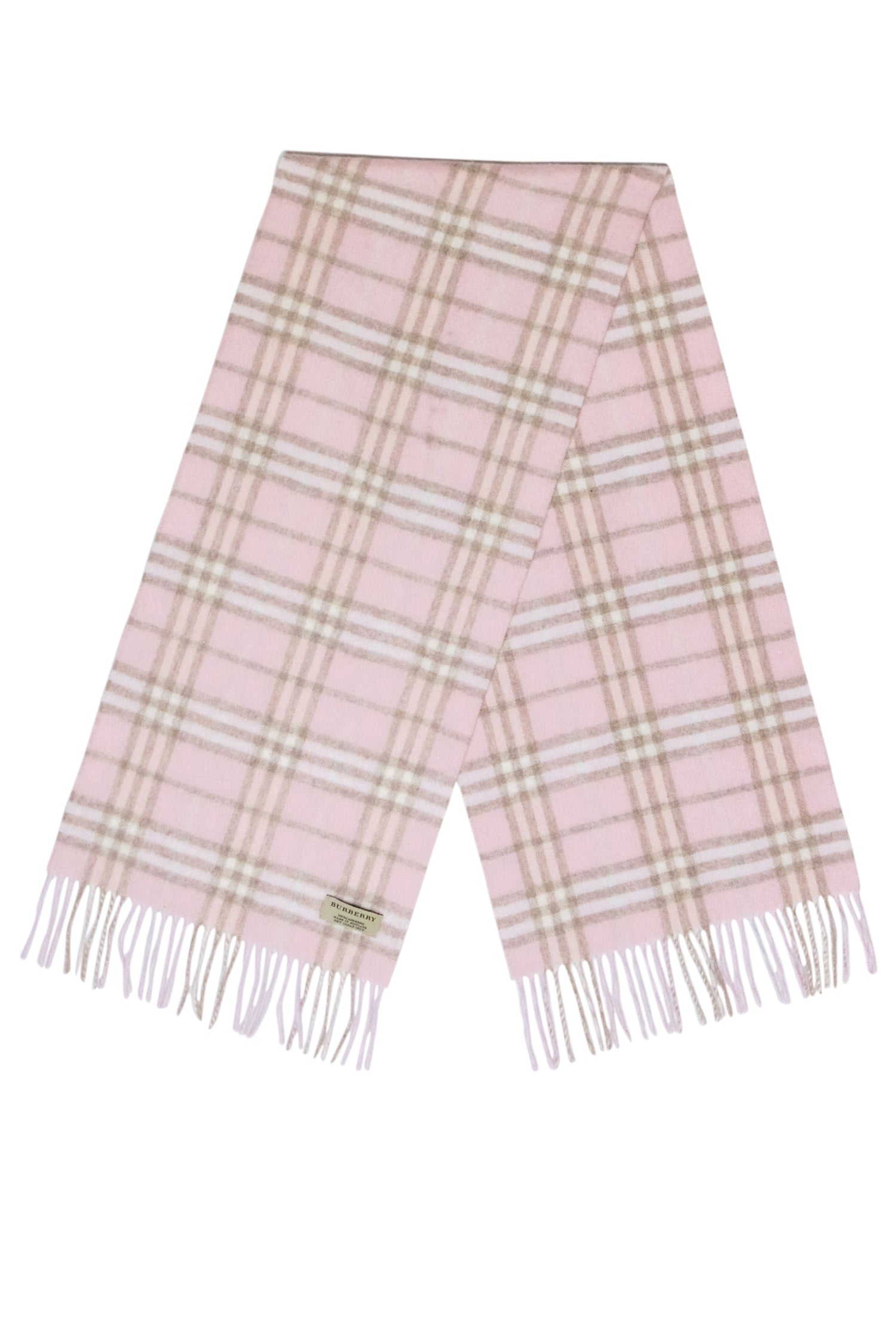Burberry - Irresistible Pink & Beige Small Plaid Fringe Cashmere Scarf