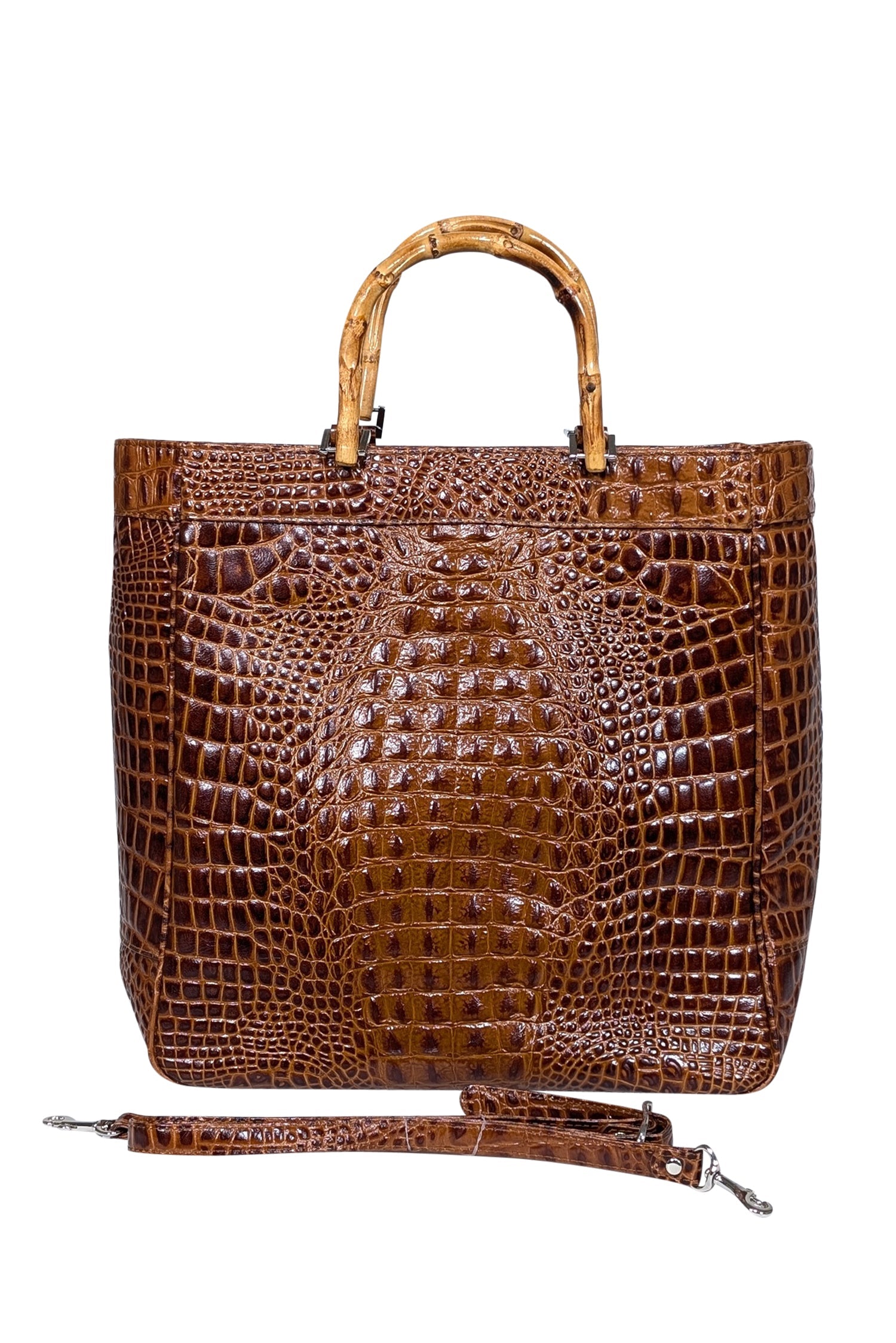 Eric Brand's Stunning Brown Croc-Embossed Tote with Bamboo Handles and Detachable Strap