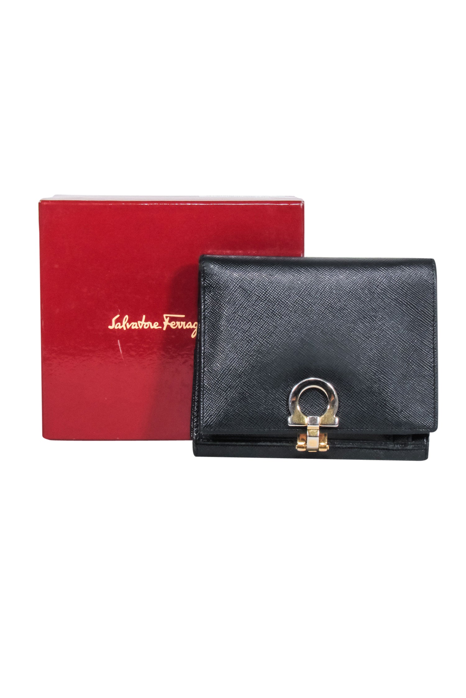 Ferragamo's Stunning Black Saffiano Leather Wallet with Gold Closure