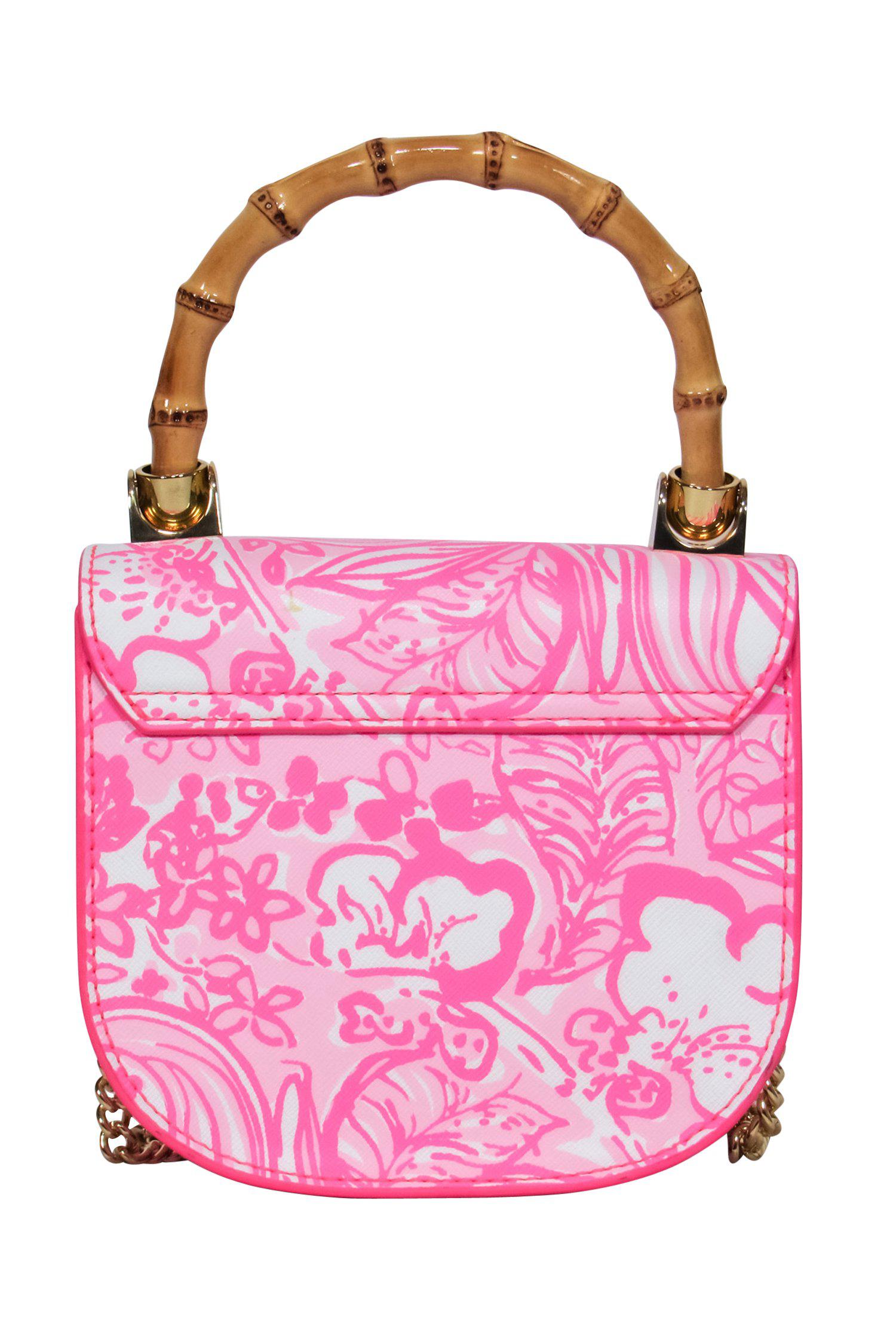 Lilly Pulitzer's Tropical Paradise: Pink Floral Leather Crossbody with Gold Chain and Faux Bamboo Handle