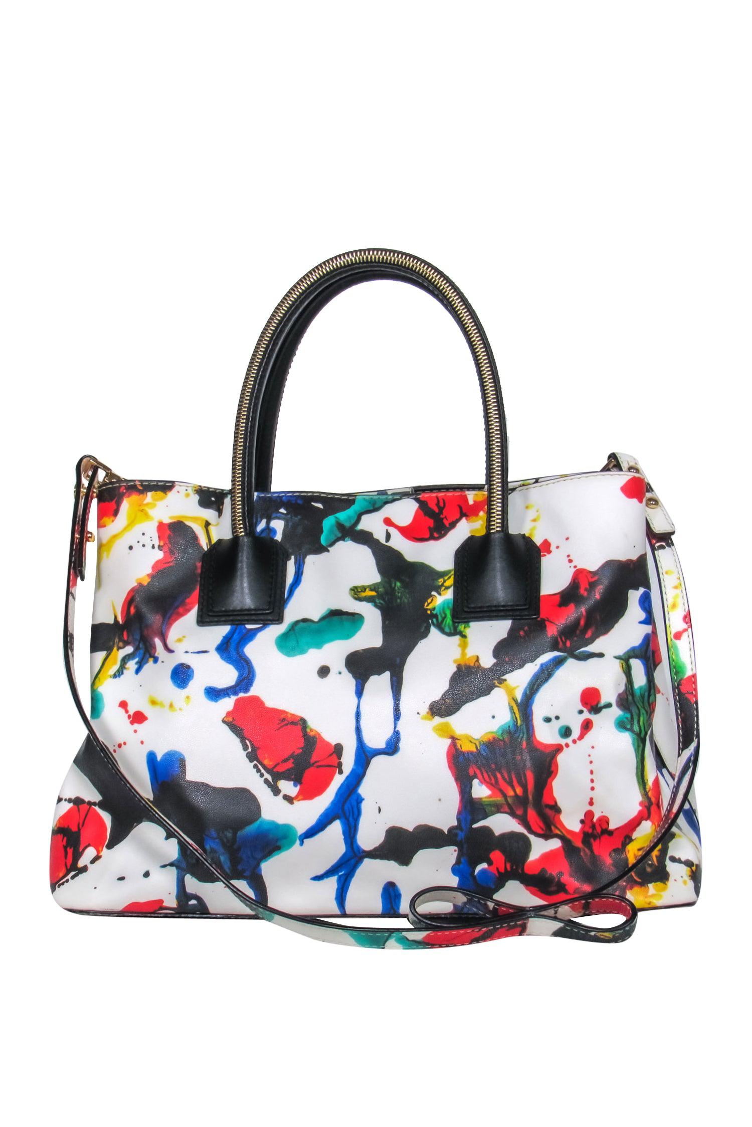 Milly's Exquisite White & Multicolor Paint Splatter Handbag with Detachable Strap