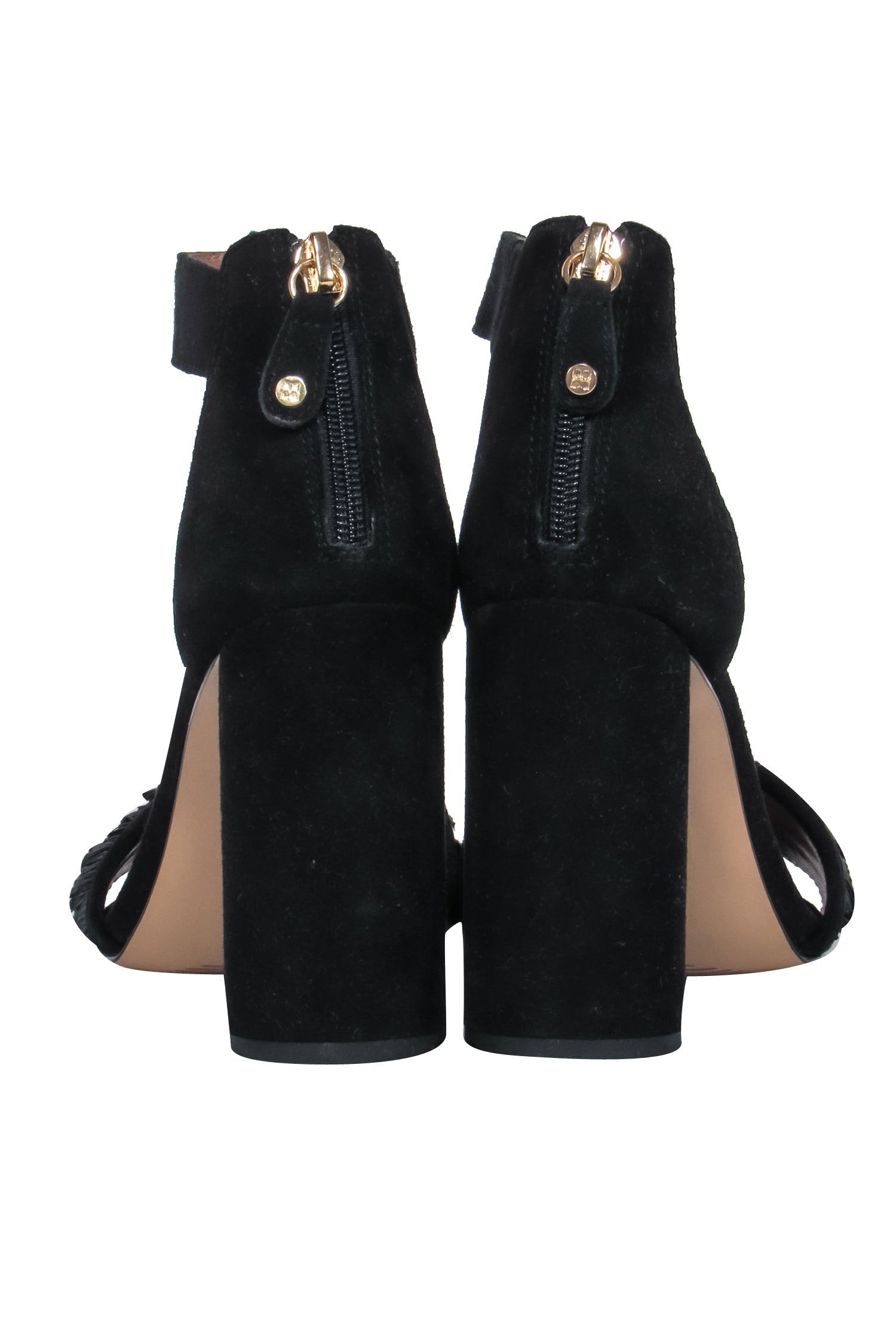BCBG Max Azria Black Suede Open Toe Heels with Wicker Fringe - Size 7.5