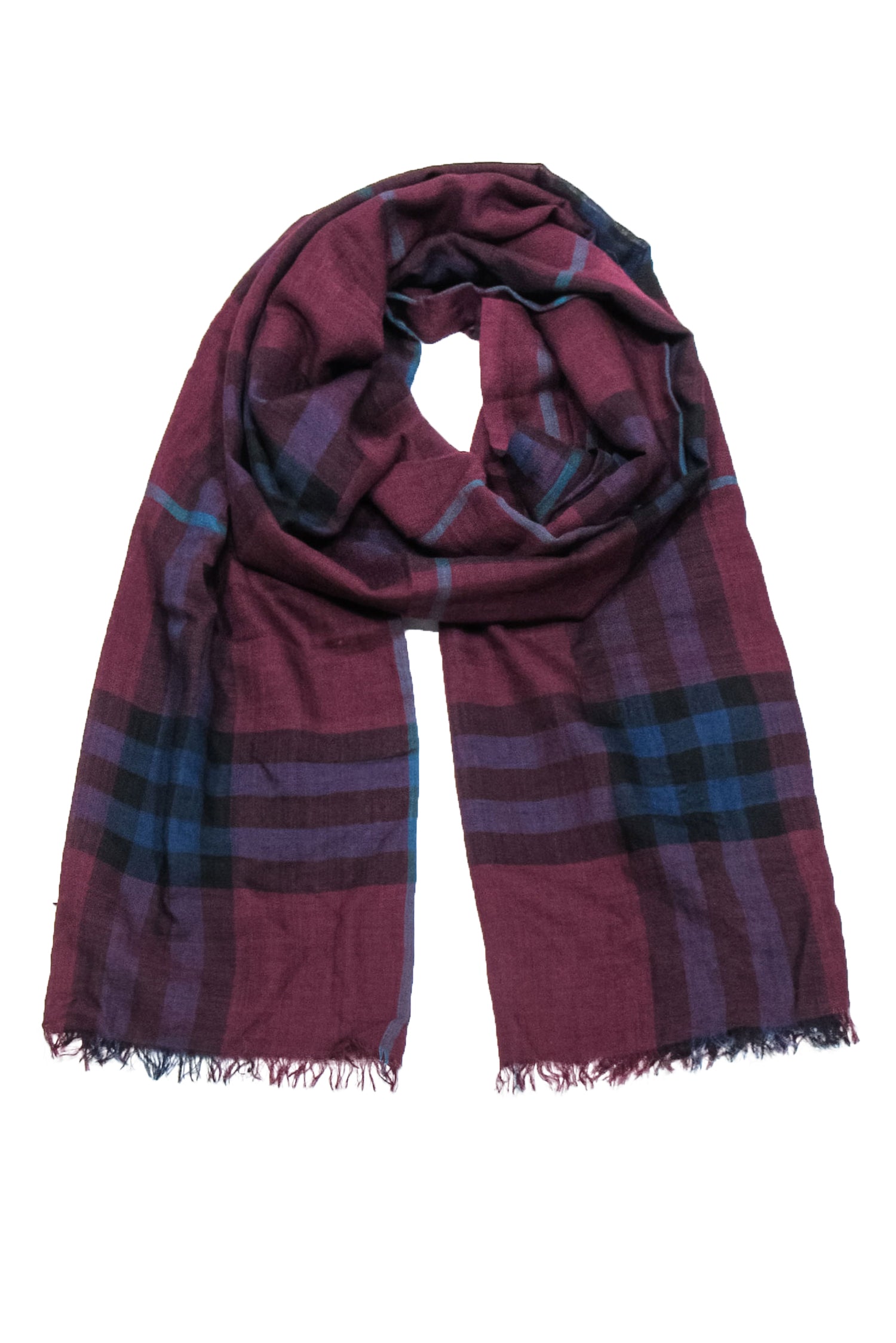 Burberry's Stunning Maroon, Navy & Teal Plaid Lightweight Scarf with Eyelash Fringe