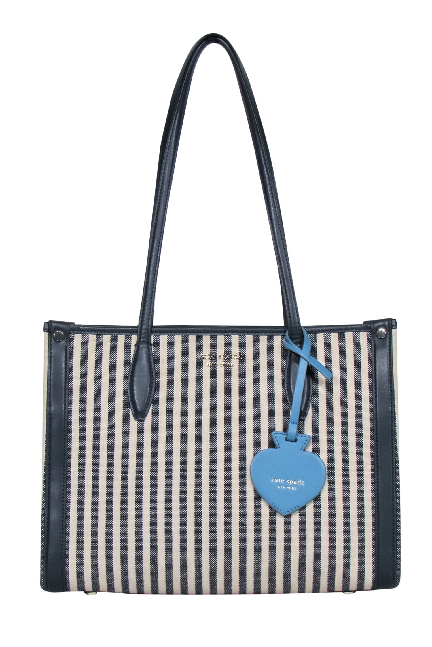 Kate Spade's Stunning Beige & Navy Striped Canvas Tote with Leather Trim
