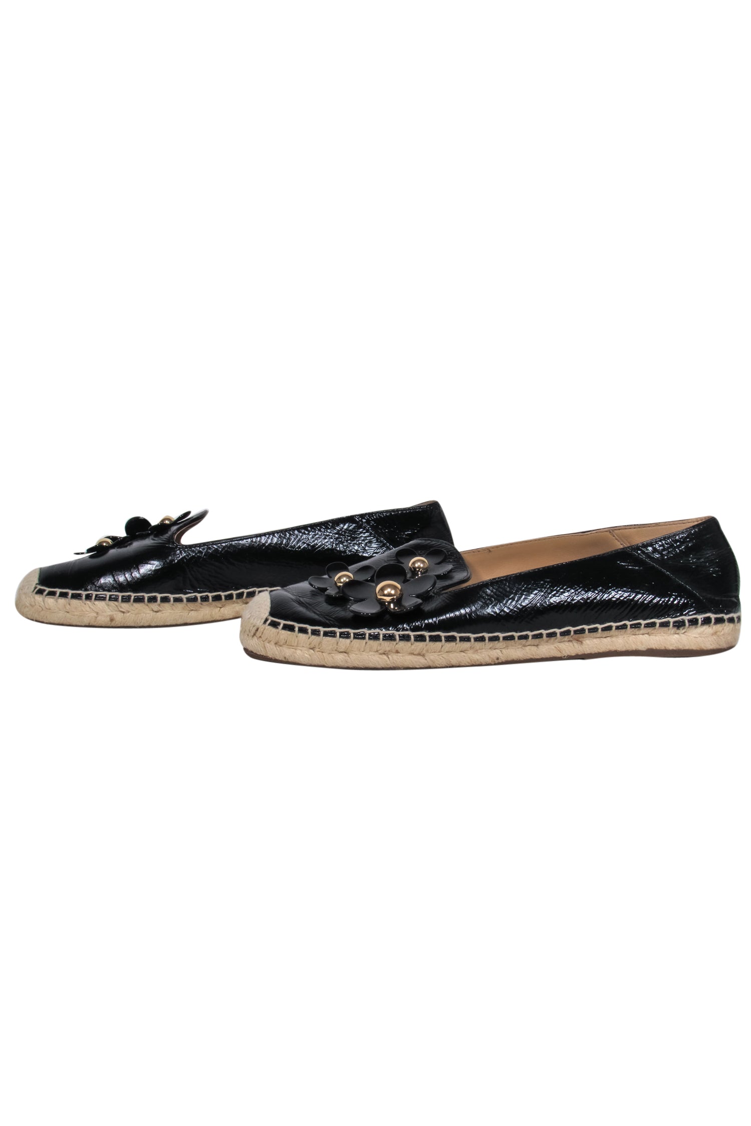 Marc Jacobs' Stunning Black Patent Leather Espadrille Flats with Flowers - Size 11