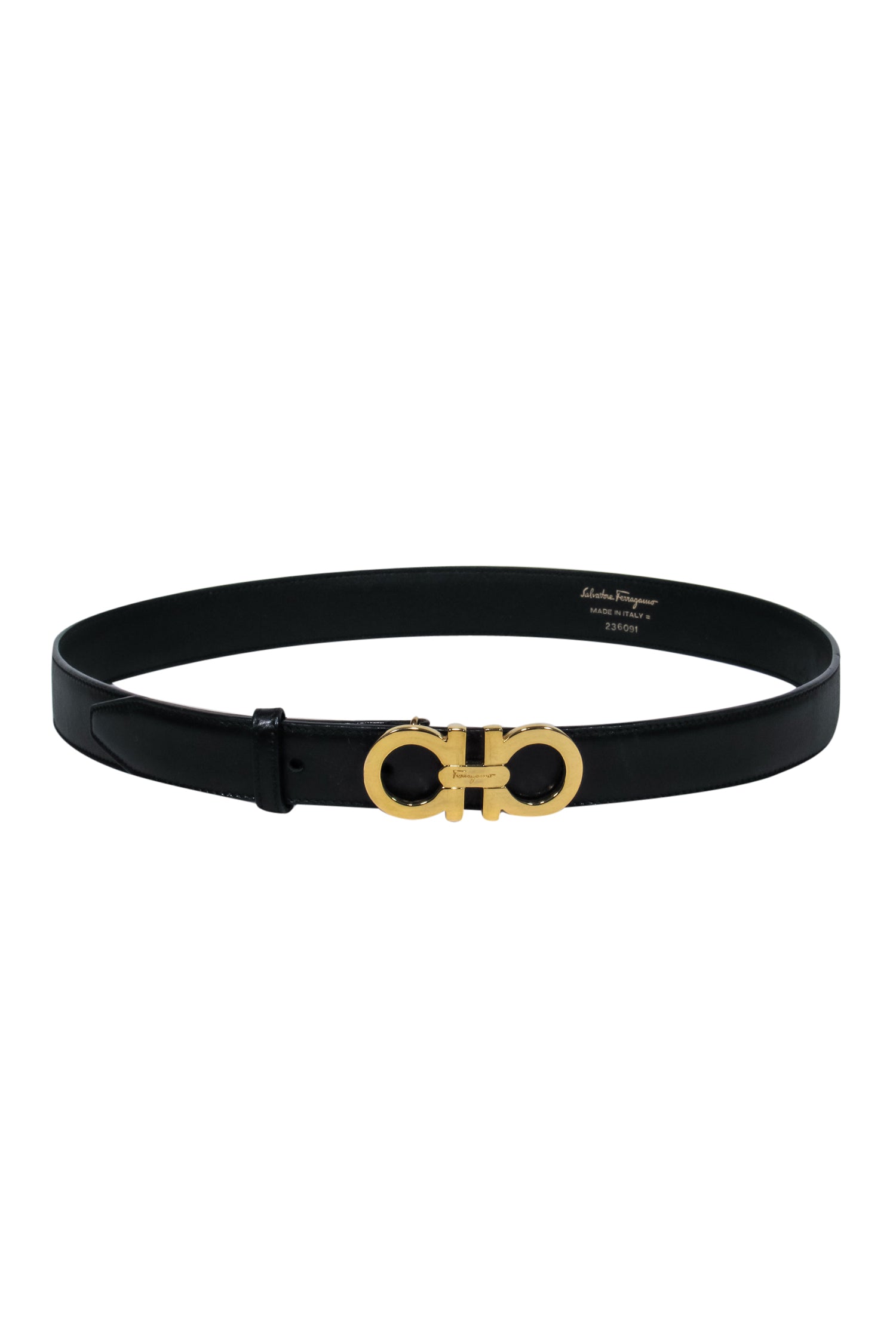 Ferragamo Black Leather Belt with Stunning Gold Logo Clasp