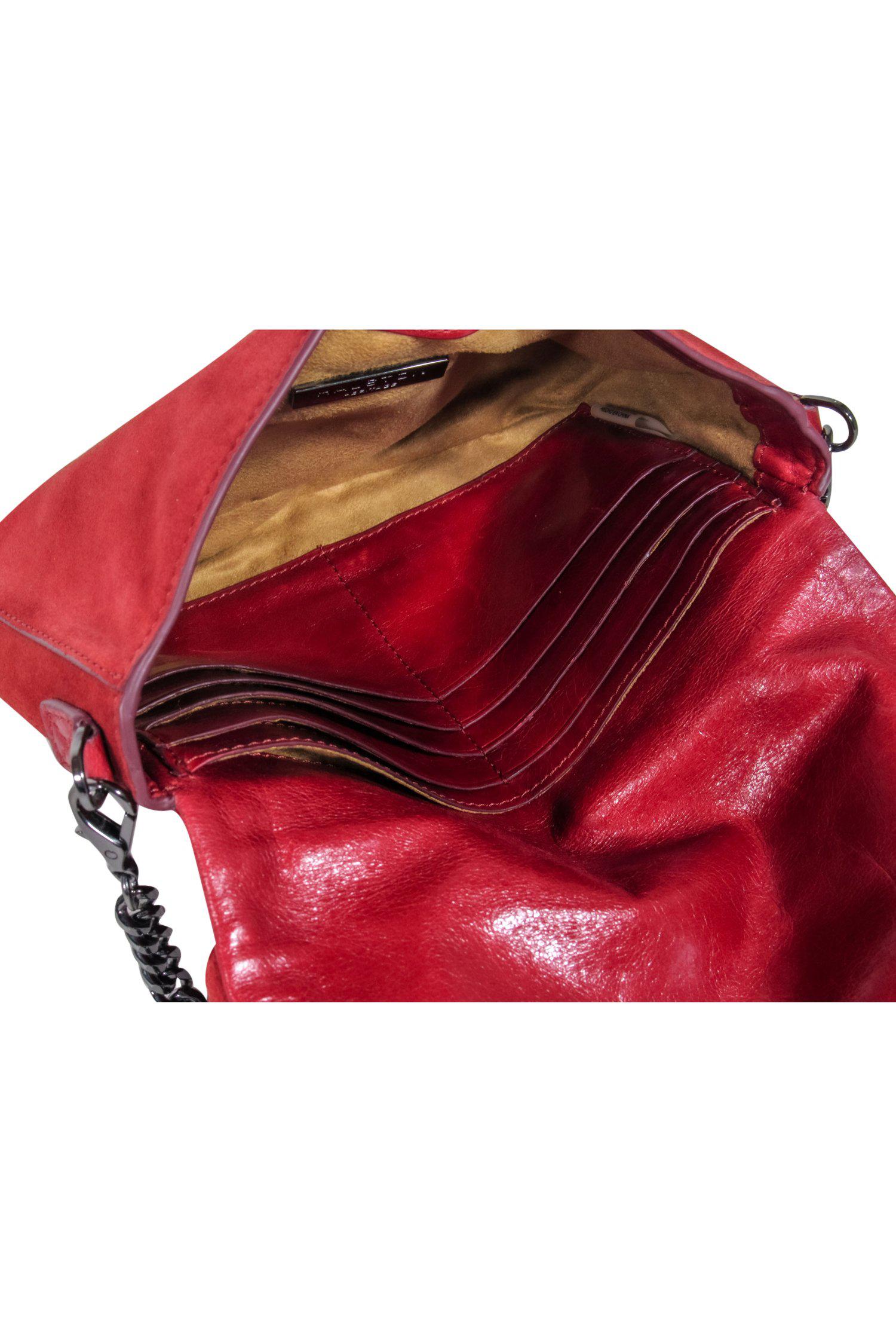 Halston's Brick Red Suede Fold-Over Gunmetal Chain Crossbody - A Luxurious Must-Have!