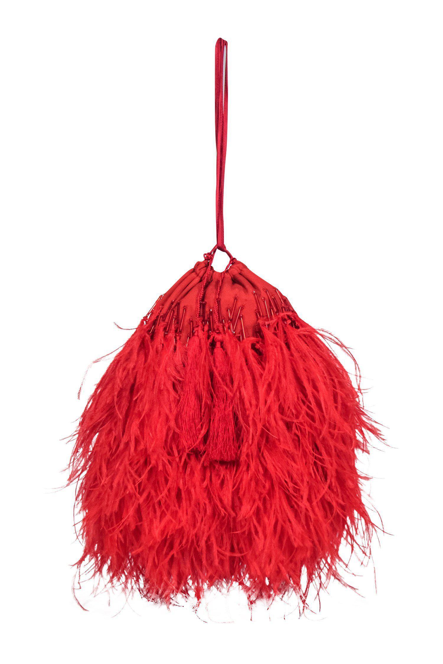 Attico's Stunning Red Ostrich Feather Beaded Bucket Bag