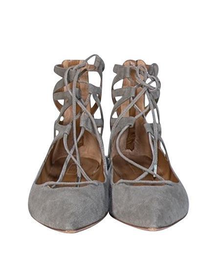 Aquazzura Grey Suede Pointed-Toe Lace-Up Flats - Size 10.5