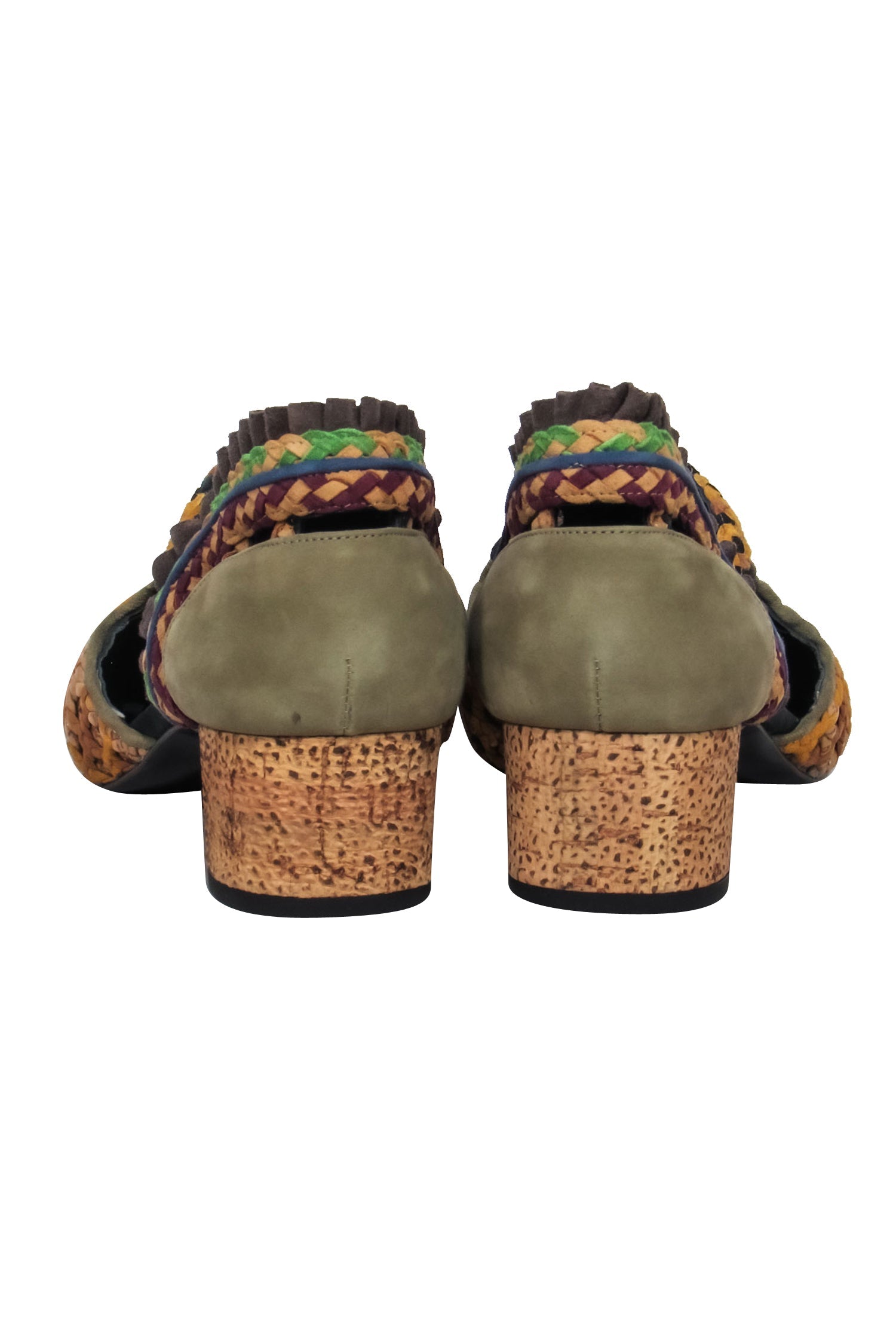 Kronkron - Stunning Tan & Muted Multicolor Woven Chunky Heels with Cutout, Size 10.5
