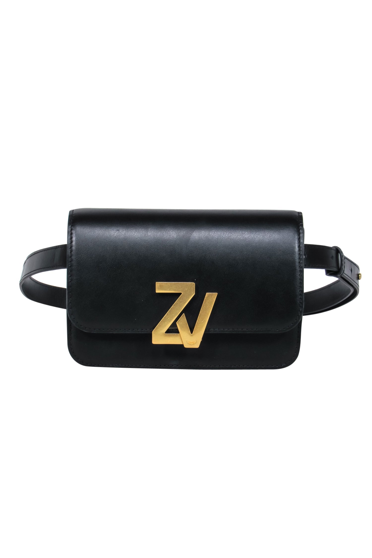 Zadig & Voltaire - Luxurious Black Leather Fold-Over Fanny Pack with Stunning Gold Logo Clasp