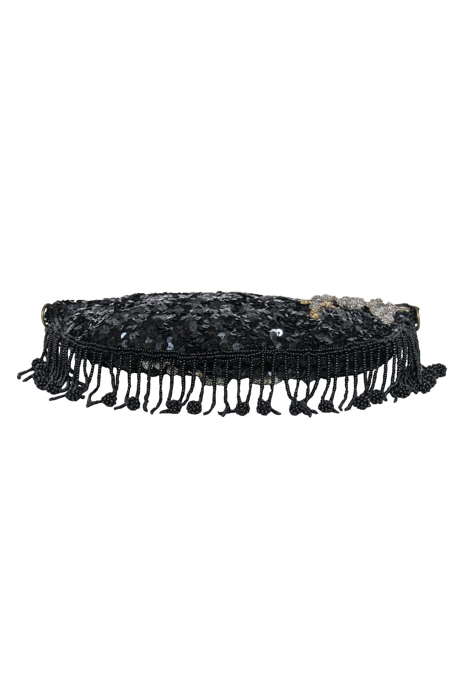 Mary Frances - Stunning Black Sequin & Beaded Floral Fringe Crossbody Bag