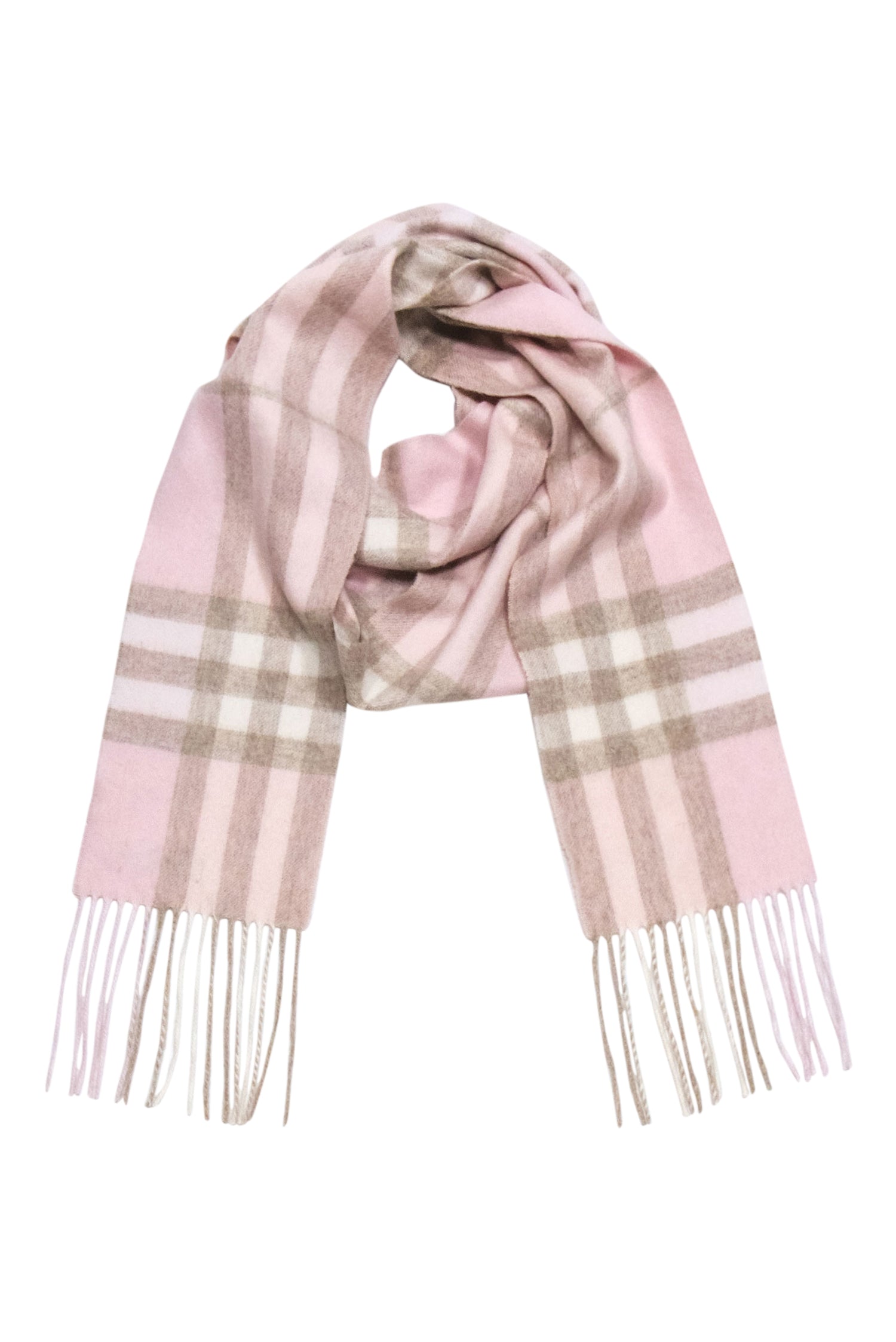 Burberry - Irresistible Pink & Beige Small Plaid Fringe Cashmere Scarf
