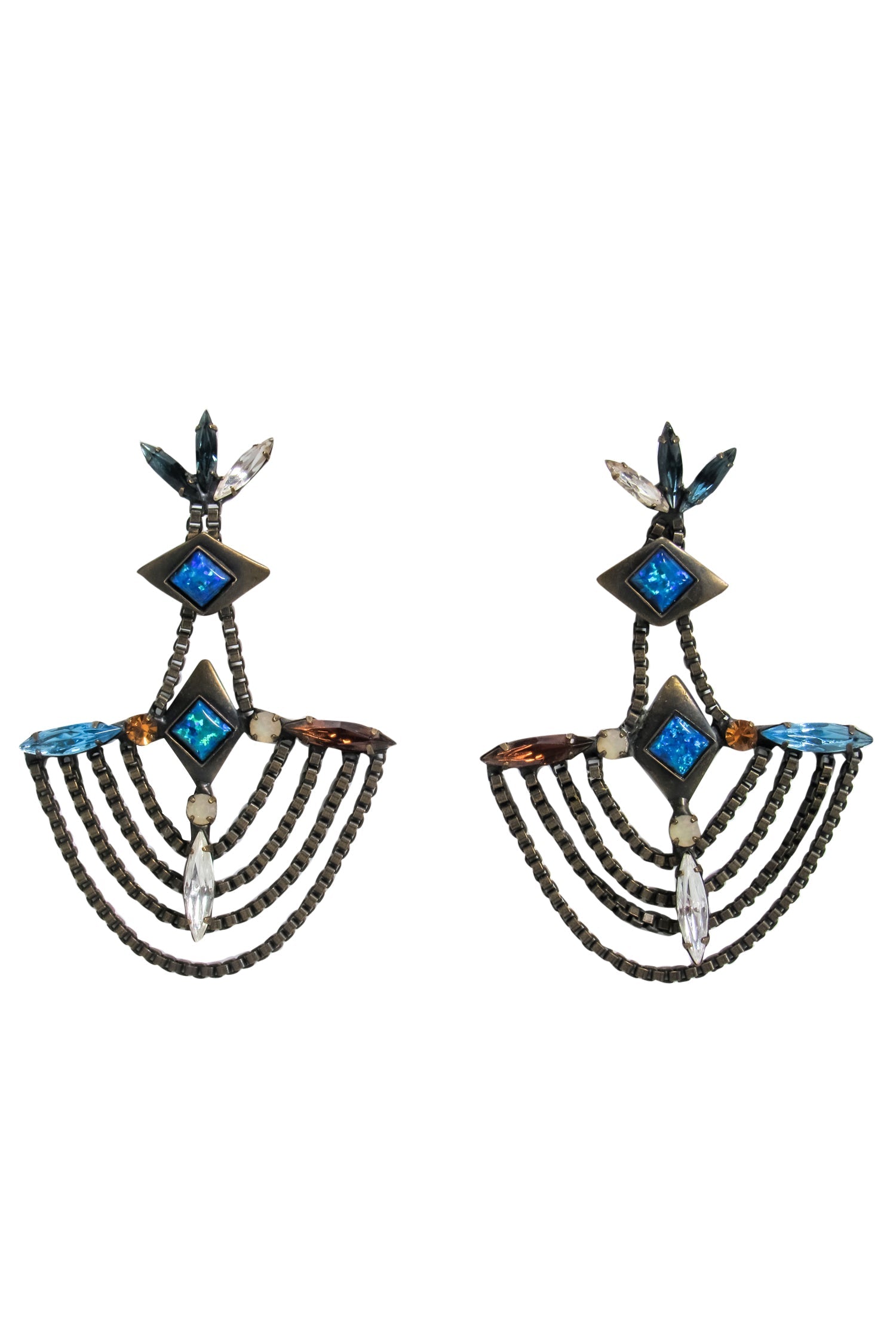 Lionette's Stunning Bronze Chain Link Dangle Earrings with Multicolored Gems