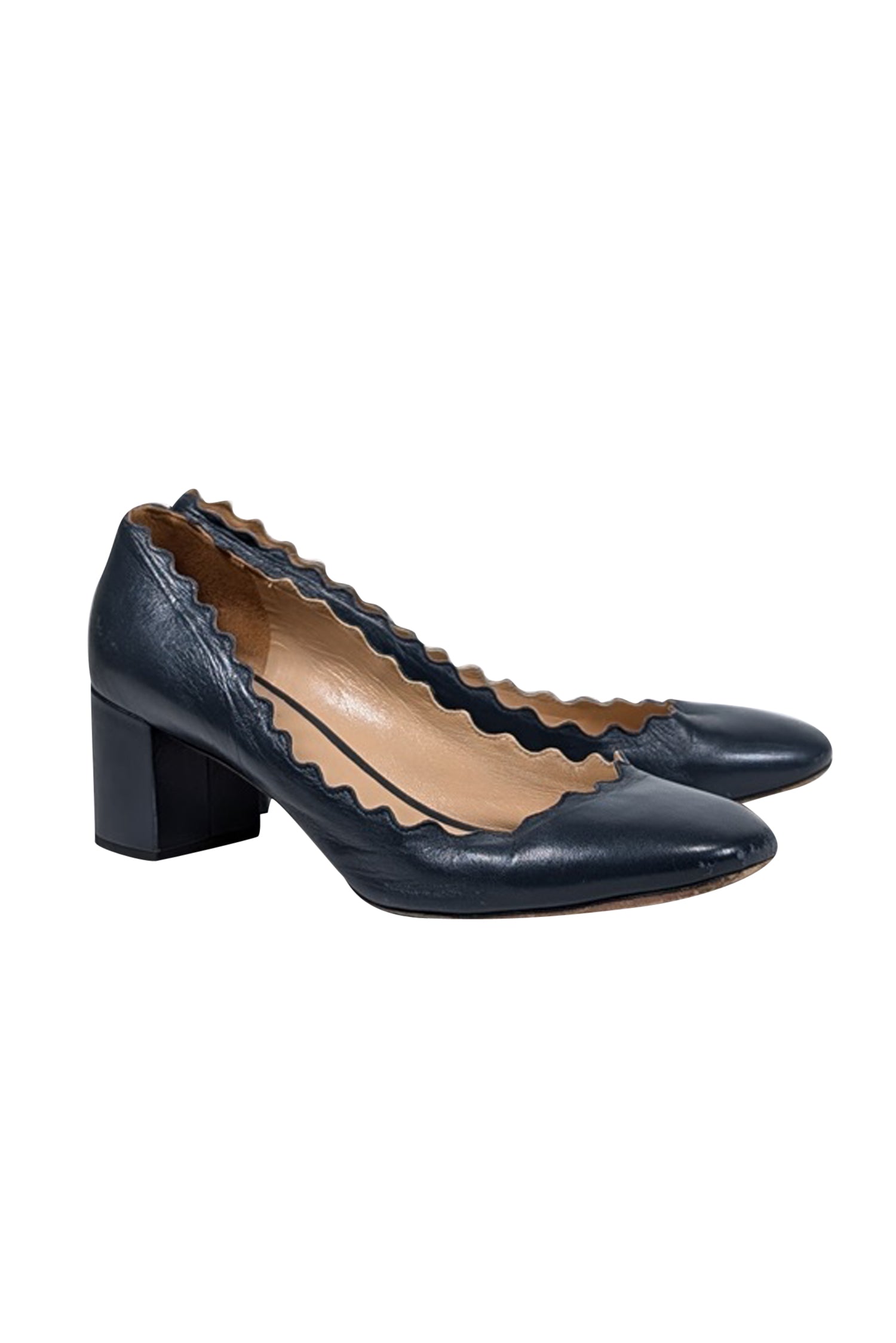 Chloe's Navy Leather Scallop Edge Low Heel Pumps - Size 8, Irresistible Style!