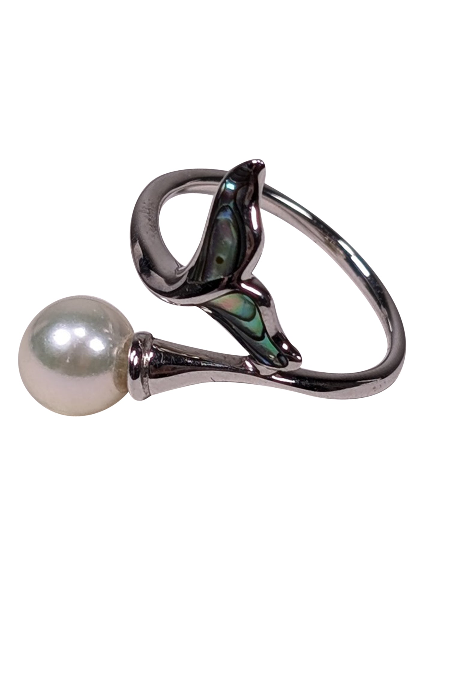 Pearl Factory's Enchanting White 14K Gold Ring with Center Pearl and Teal Mermaid Tail - Size 6