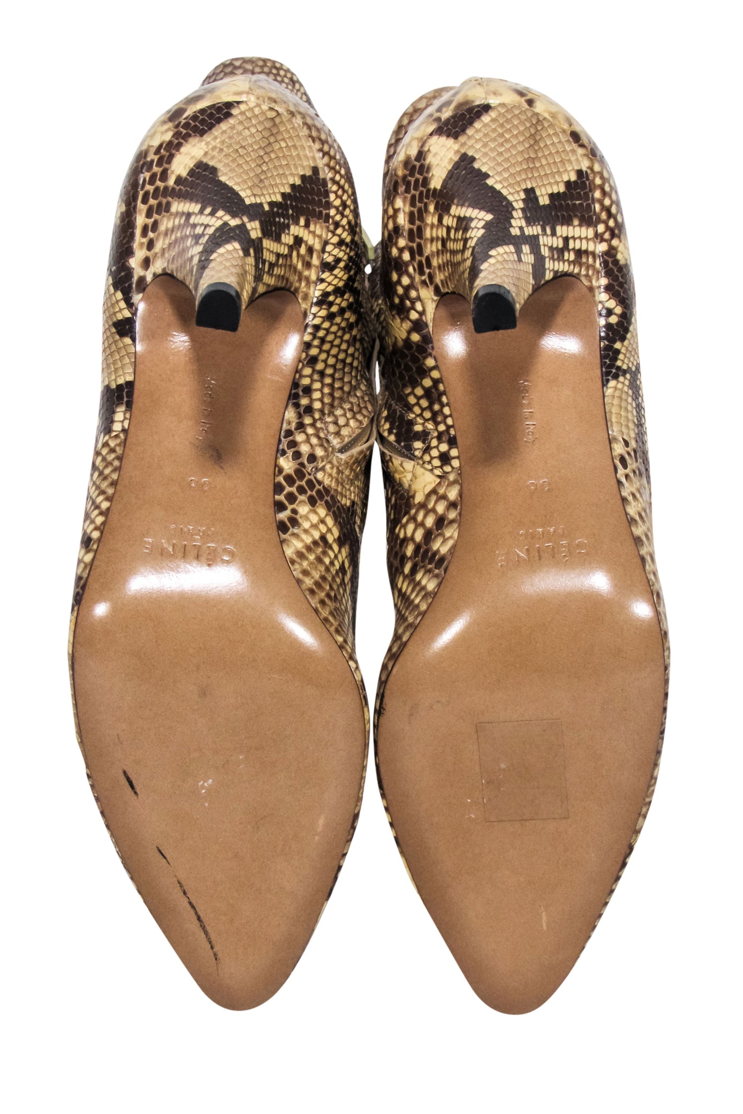 Celine Tan Snake Skin Ankle Heel Booties - Size 6 - Unleash Your Wild Style!